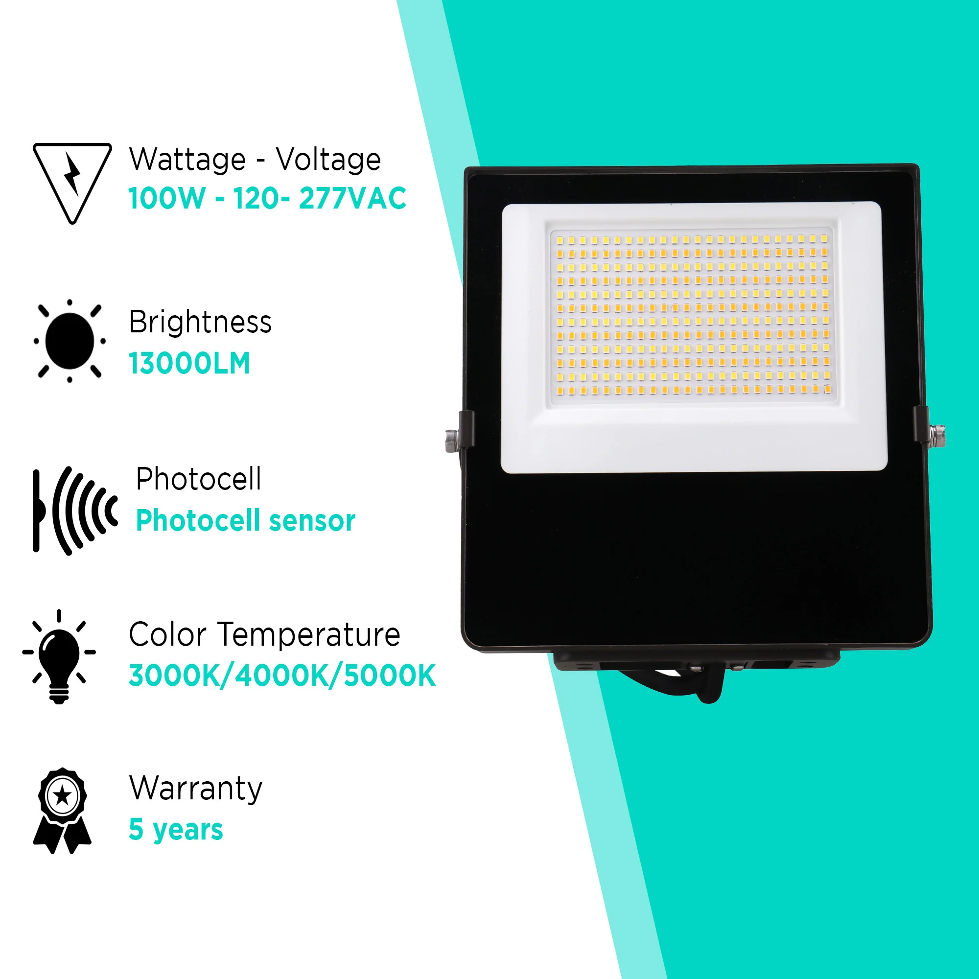 100W Mini Flood Light - CCT Selectable(3000/4000/5000K) - 13000lms - UL Listed - Glass Cover #234-235 - Image 2