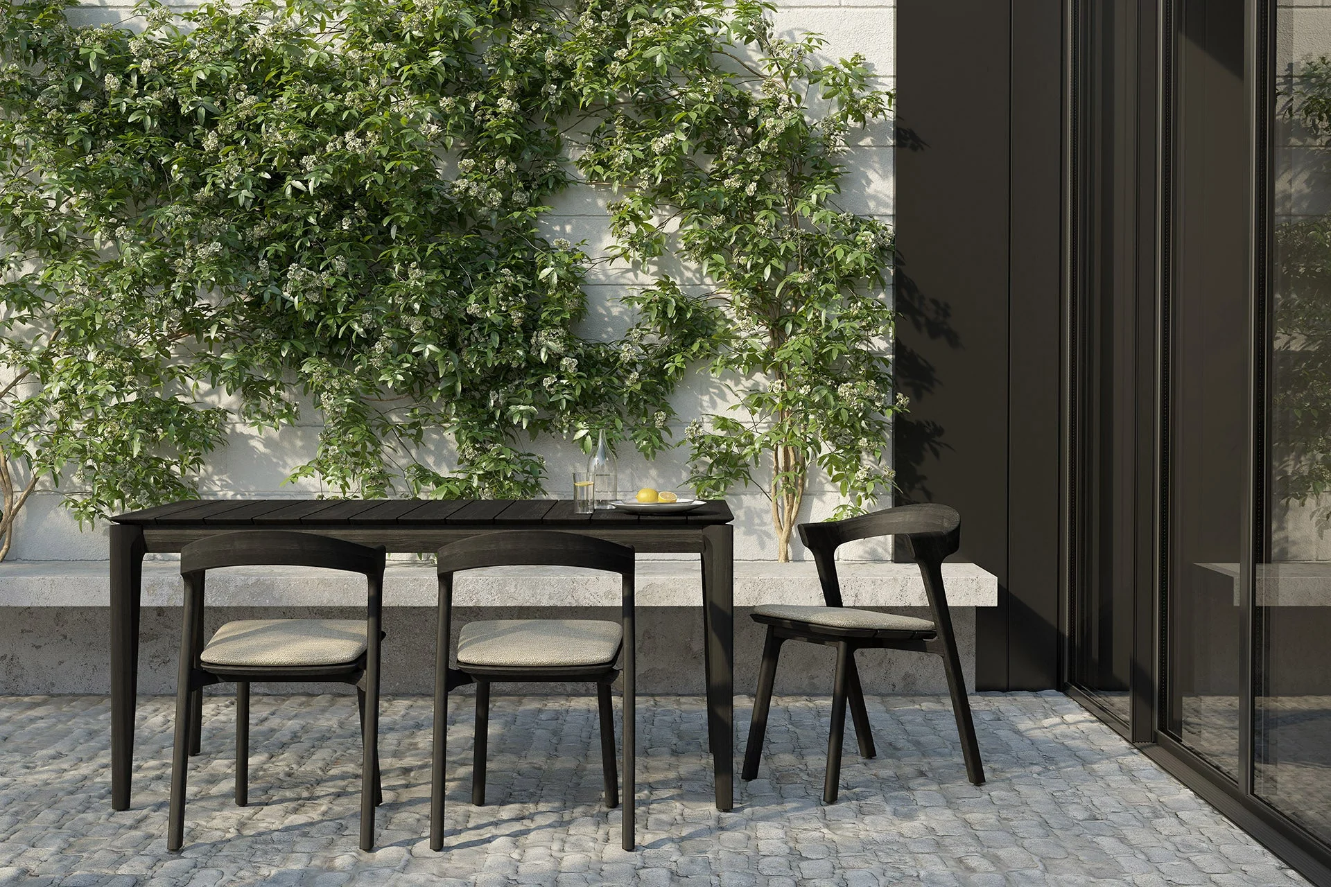 Bok Outdoor Dining Chair | Varnished Teak | Black | Natural Fabric - Image 1