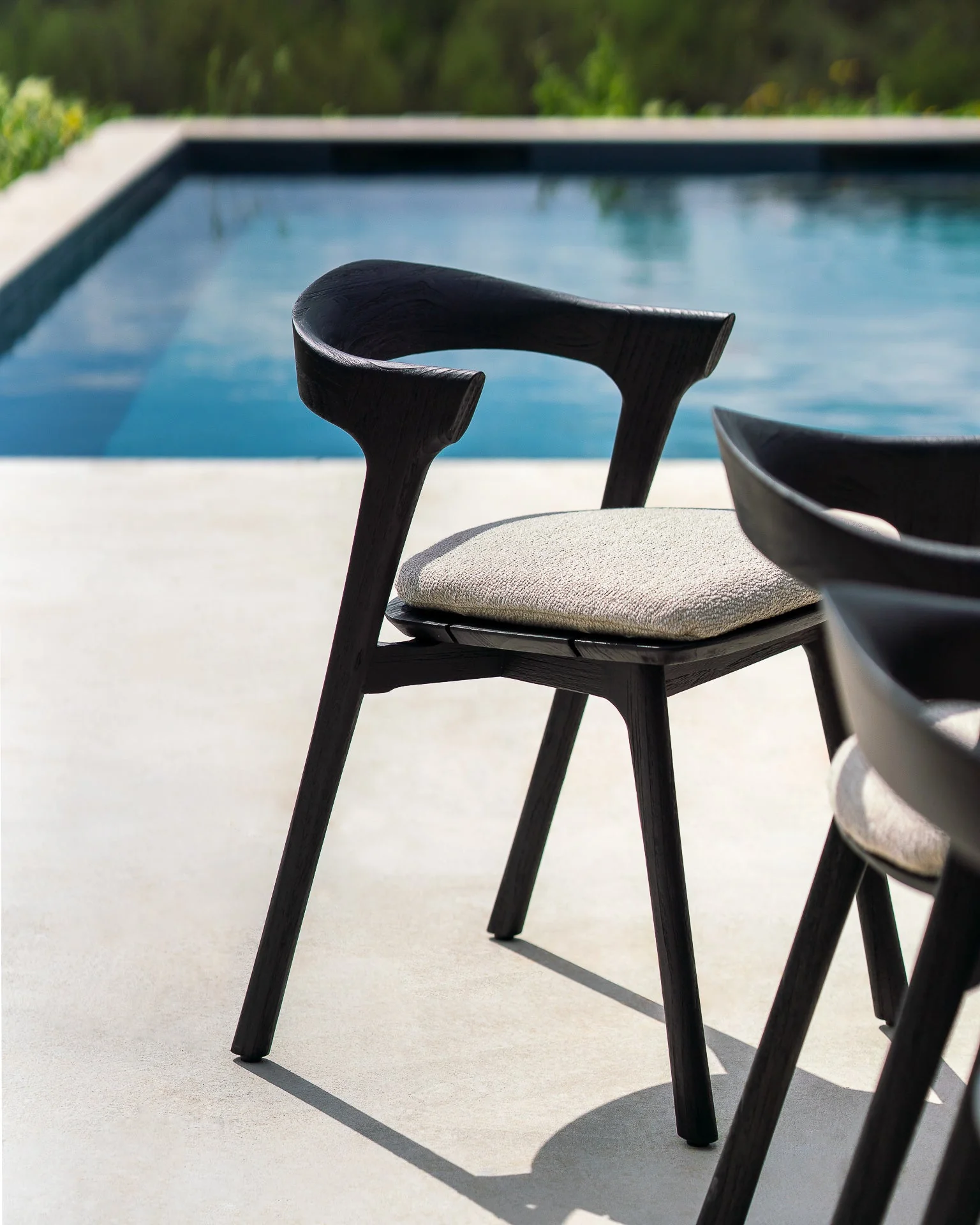 Bok Outdoor Dining Chair | Varnished Teak | Black | Natural Fabric - Image 2