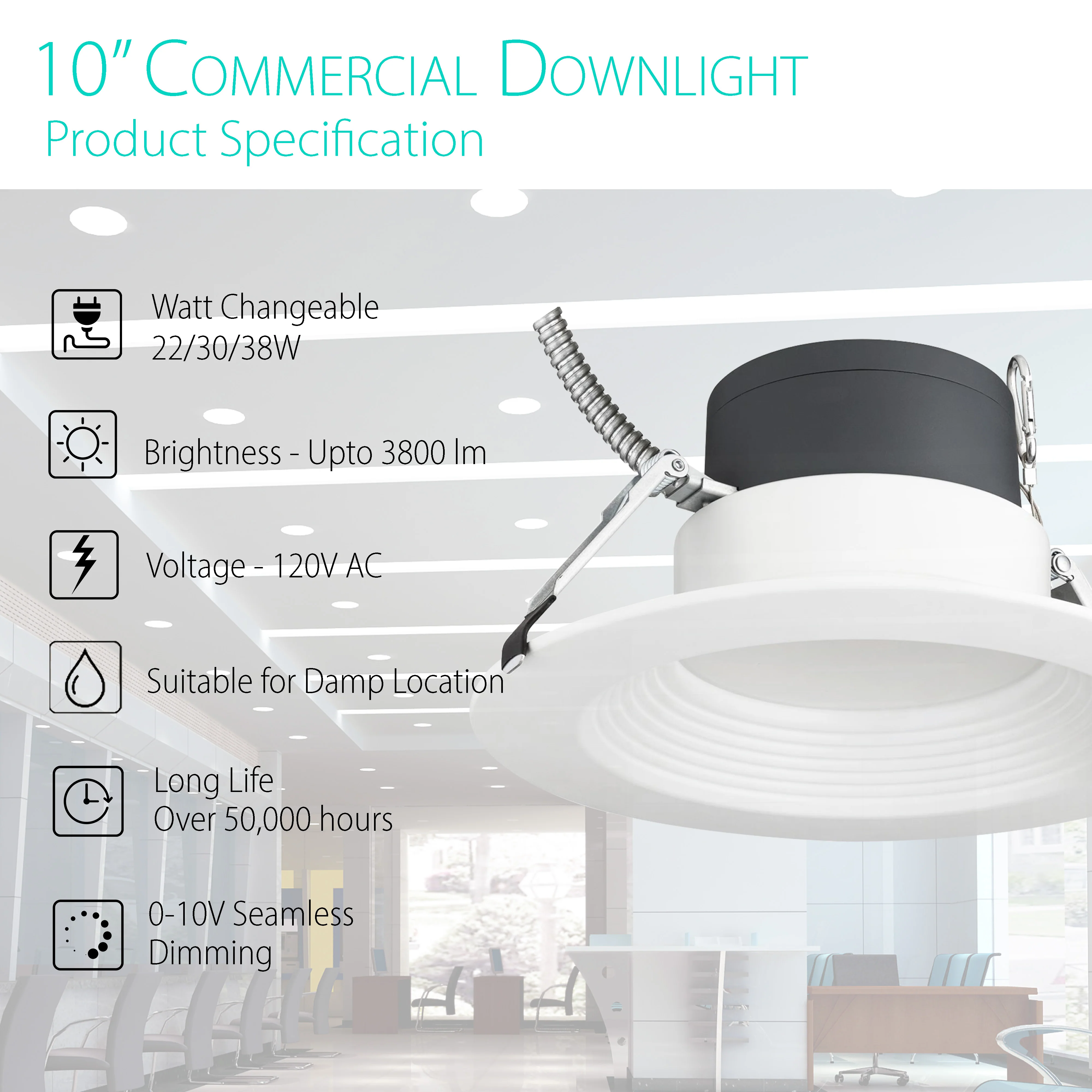 3BRIX 10" 22/30/38W Commercial Downlight - 5CCT(27/30/35/40/50K) -ETL #267 - Image 2