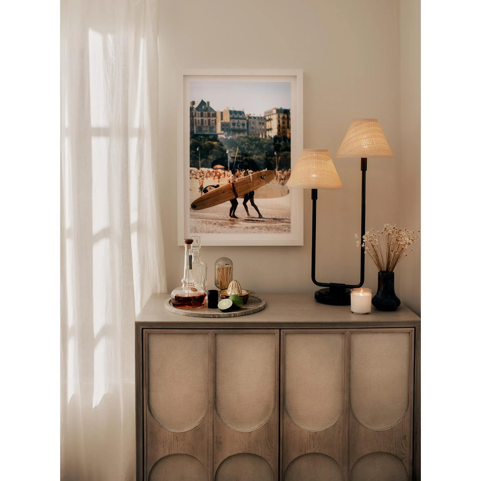 Polly Double Arm Table Lamp | Blackened Brass | Rattan Shade - Image 2