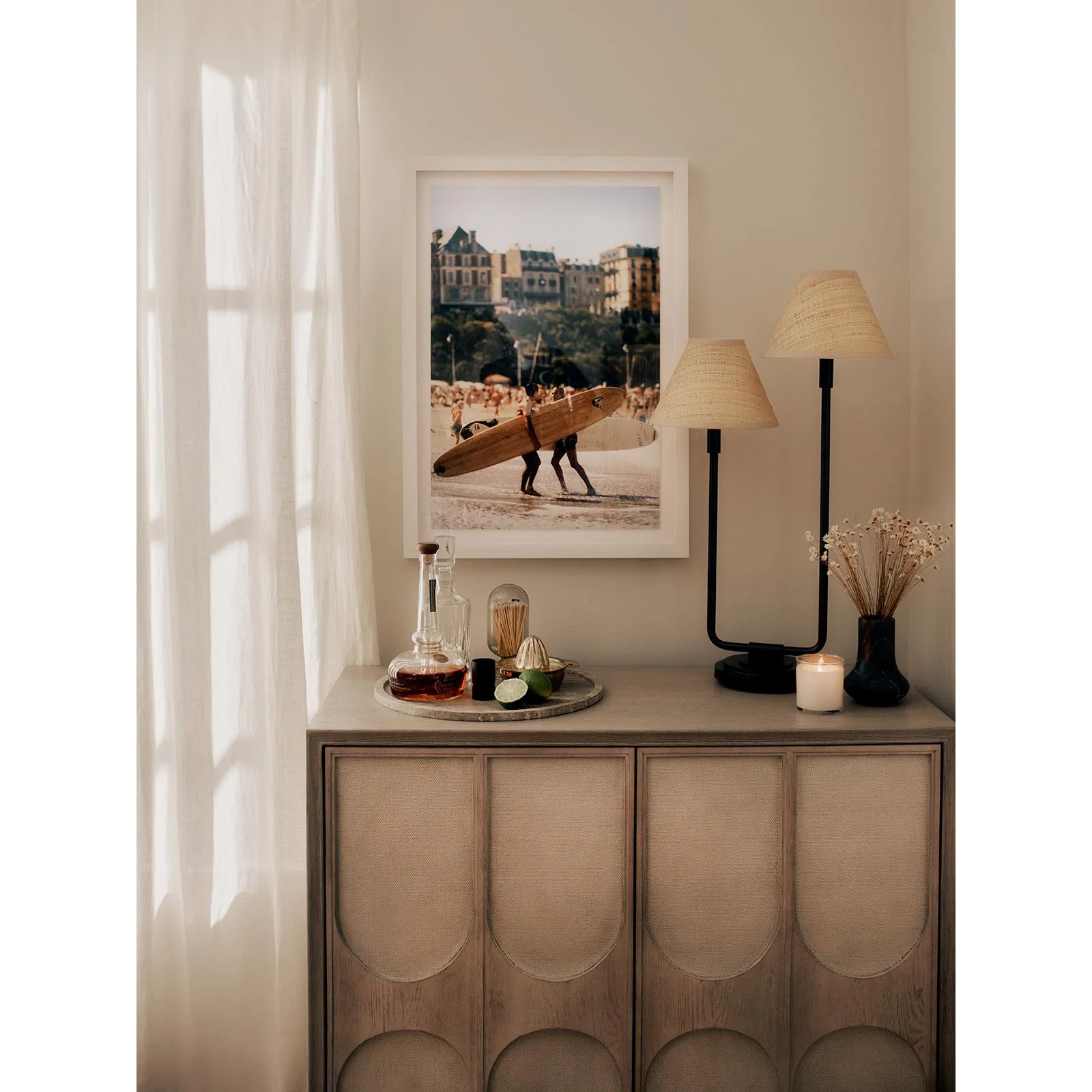 Polly Double Arm Table Lamp | Blackened Brass | Rattan Shade - Image 3