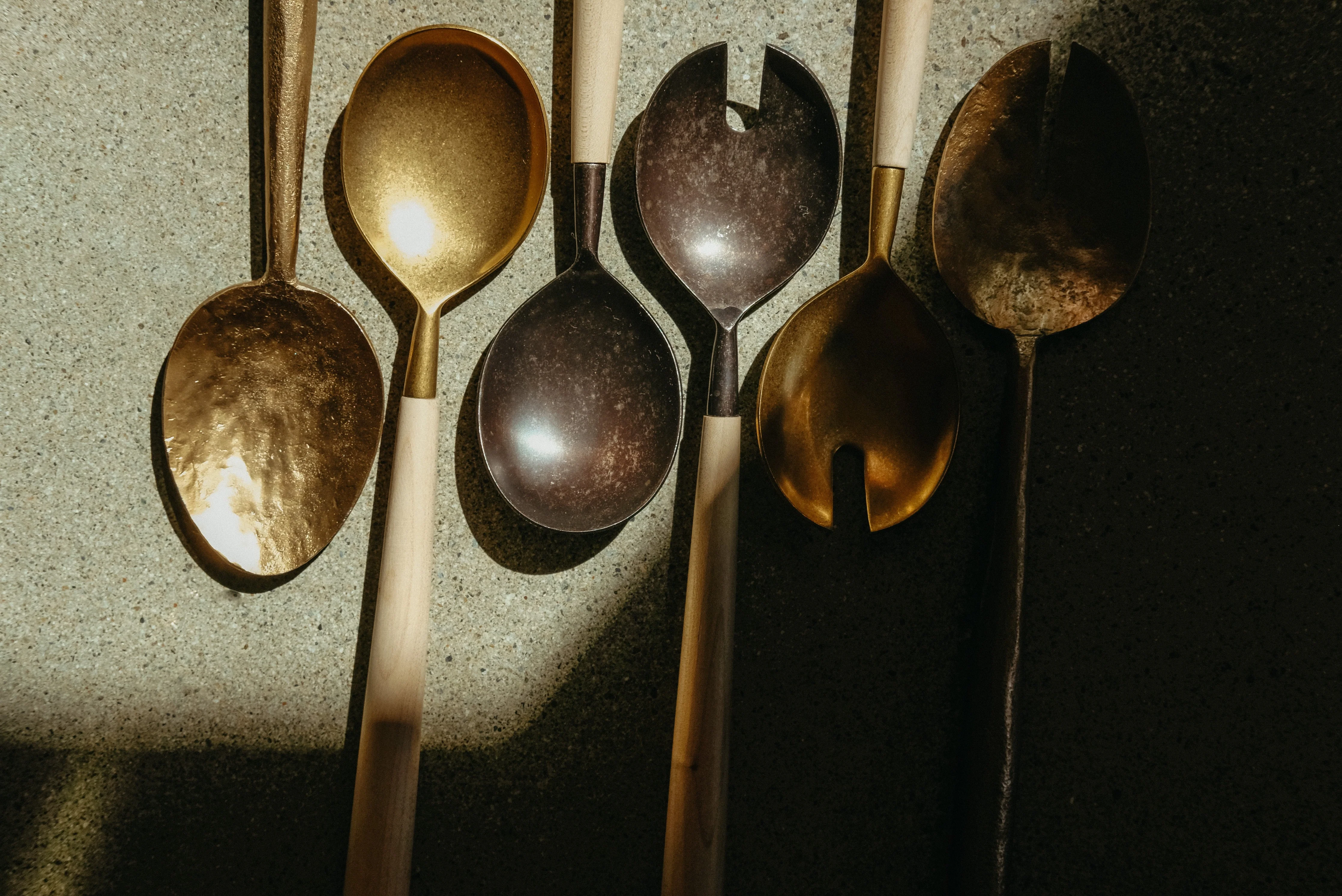 Maple Wood Salad Servers S/2, Tumbled Gold - Image 2