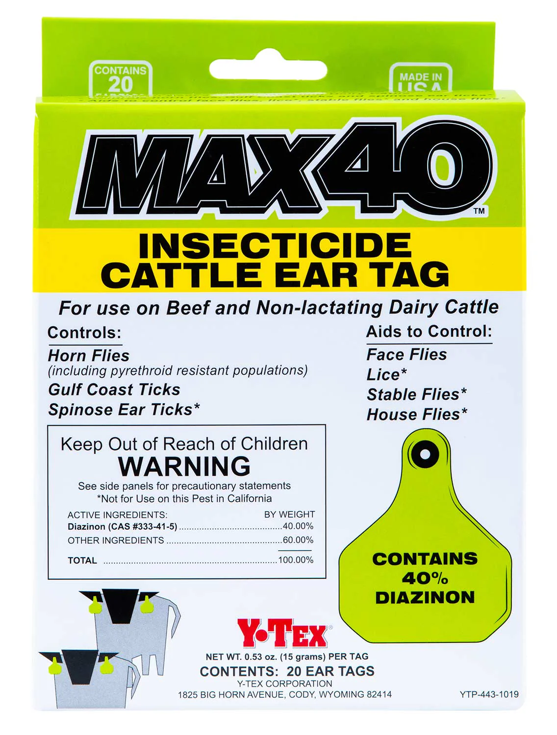 Y-Tex Max 40 Insecticide Cattle Ear Tag, 20 Pack - Image 1