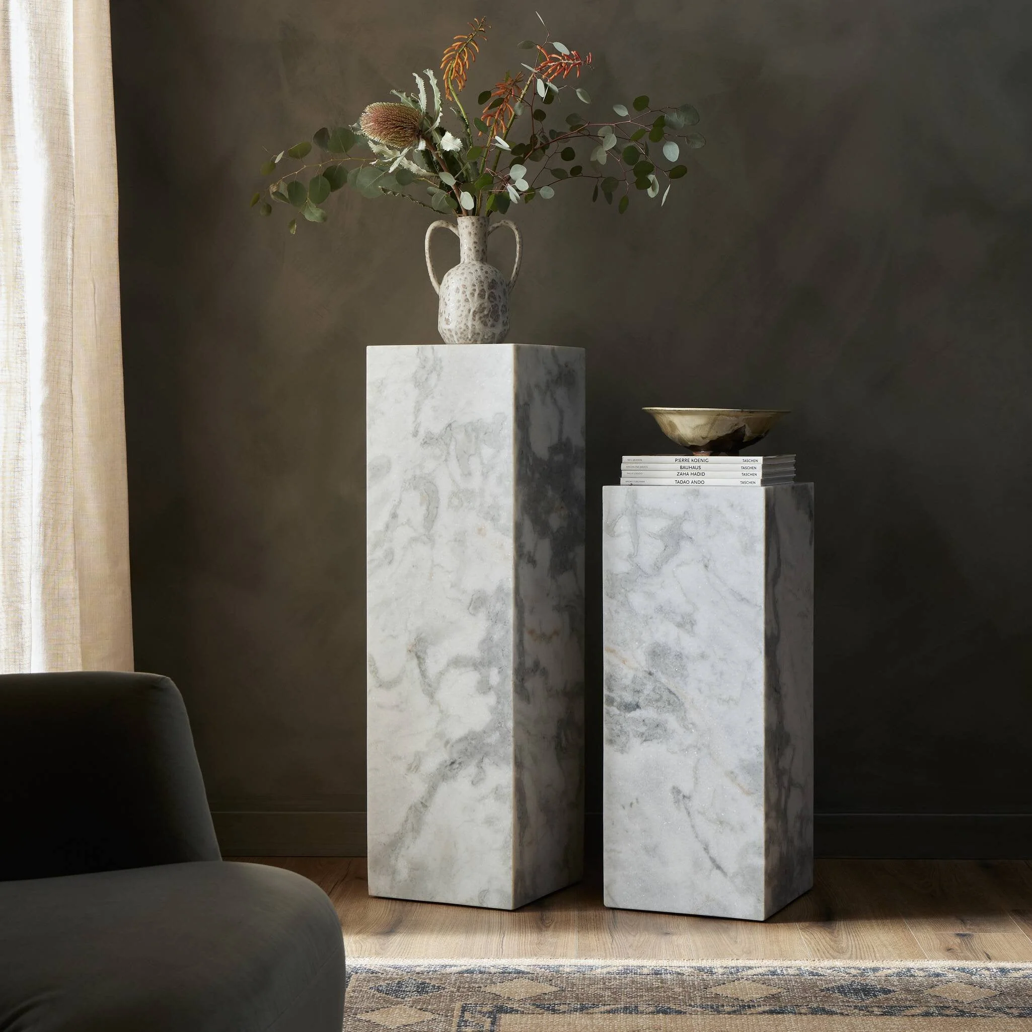 Modern Marble Pedestal - White & Grey Speckled Marble - Image 3