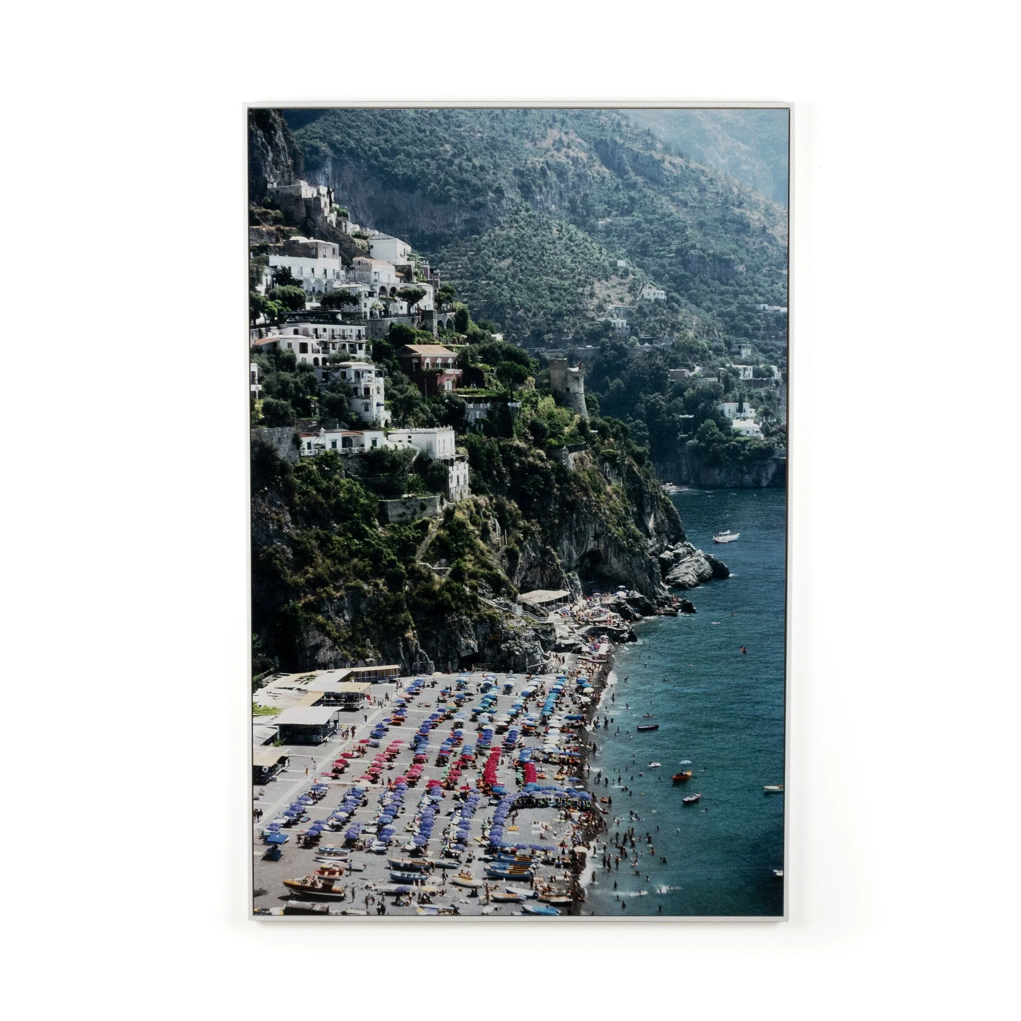 Beach In Positano by Slim Aarons - White Maple Floater - Image 1