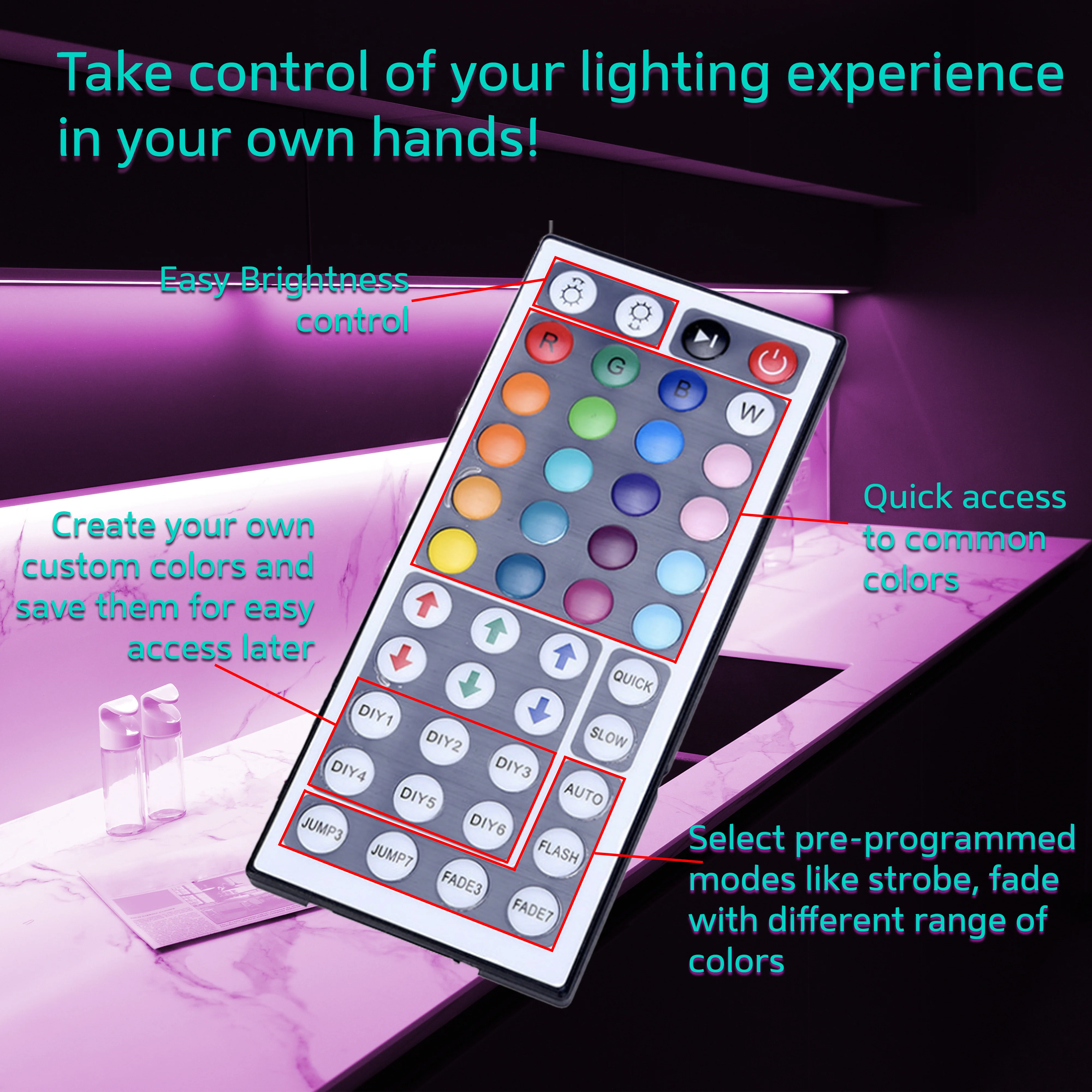16.4ft 5050 RGB Strip Light - 30 LEDs/m Light Color Changing - 44 Key Remote - Image 3