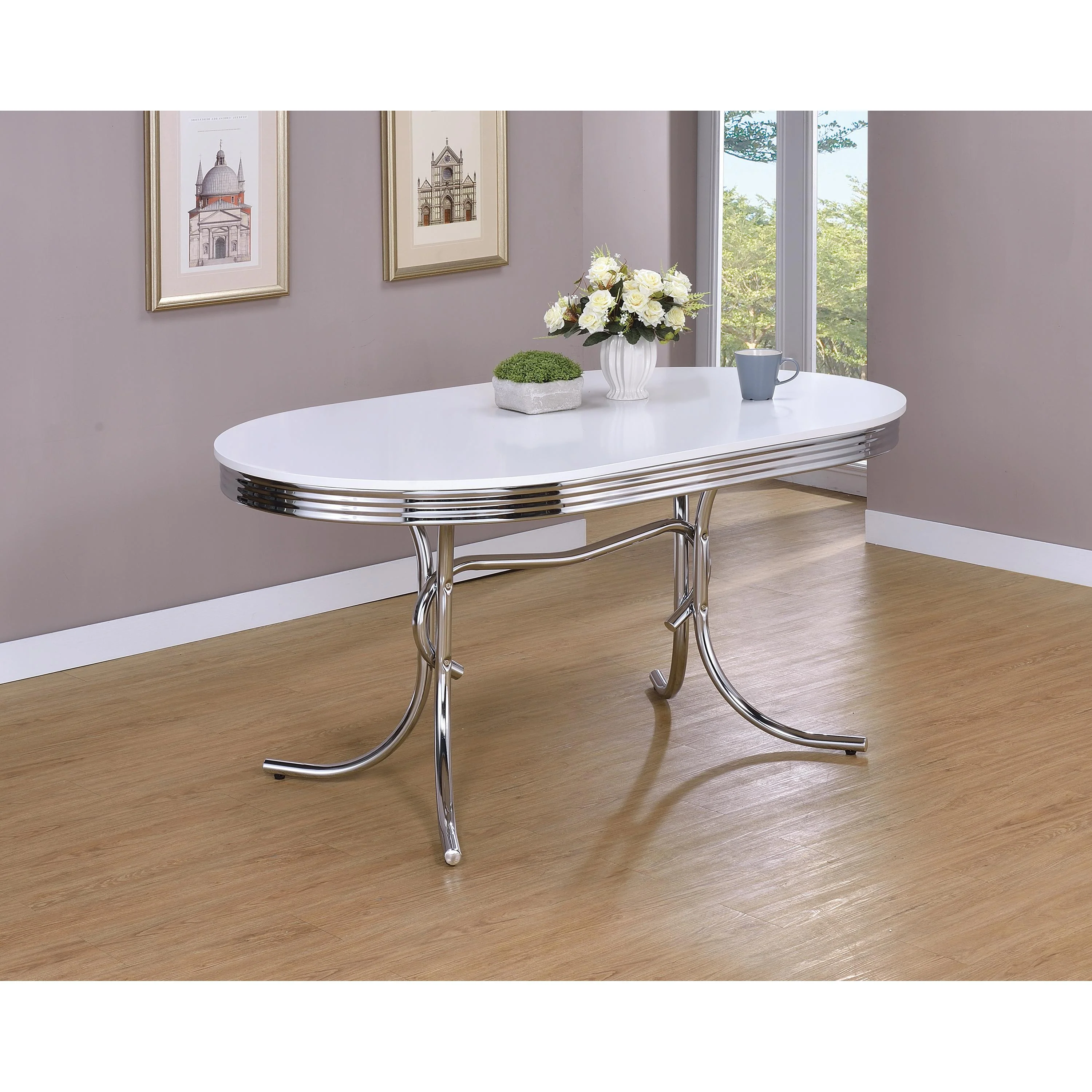 Coaster Furniture Retro 2065 Oval 60-inch Wood Top Dining Table - White and Chrome - Image 3