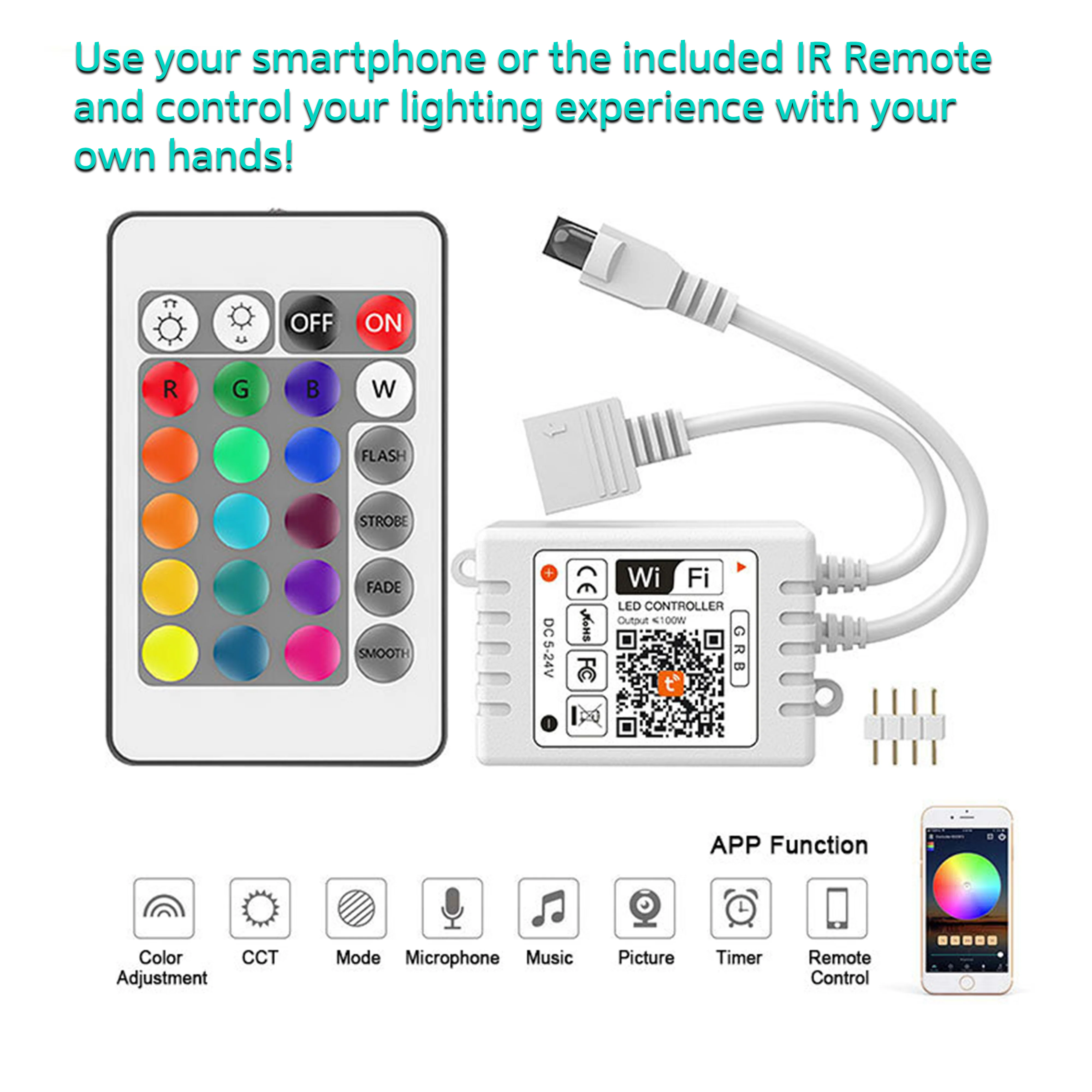 16.4ft Smart WiFi RGB Strip Light - 30 LEDs/m Color Changing Strip Light - Image 3