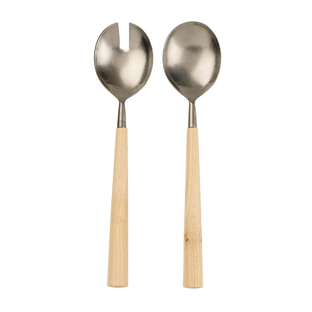 Maple Wood Salad Servers S/2, Tumbled Stainless
