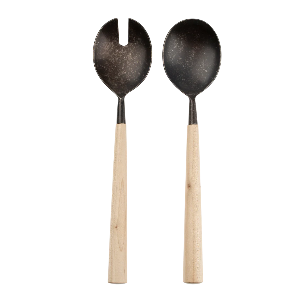 Maple Wood Salad Servers S/2, Tumbled Black
