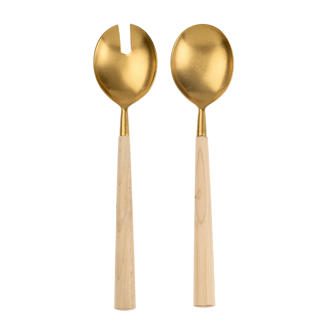 Maple Wood Salad Servers S/2, Tumbled Gold - Image 1