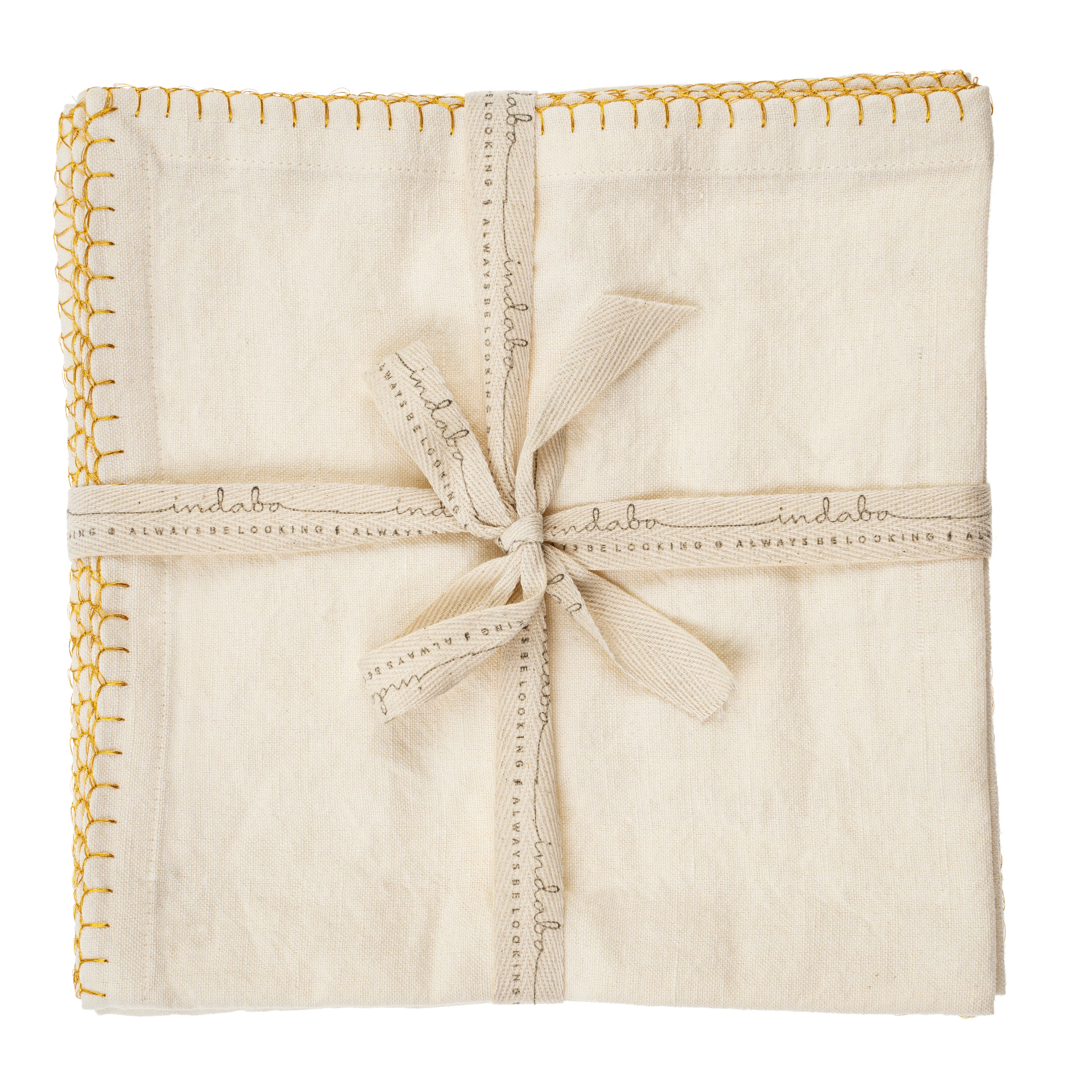 Gold Blanket Stitch Napkins S/4, Off-White - Image 2