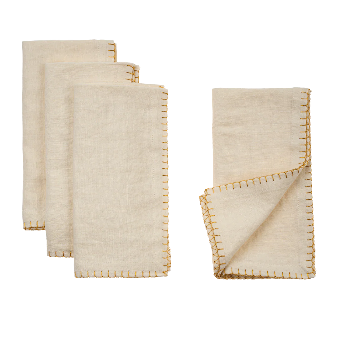 Gold Blanket Stitch Napkins S/4, Off-White - Image 3