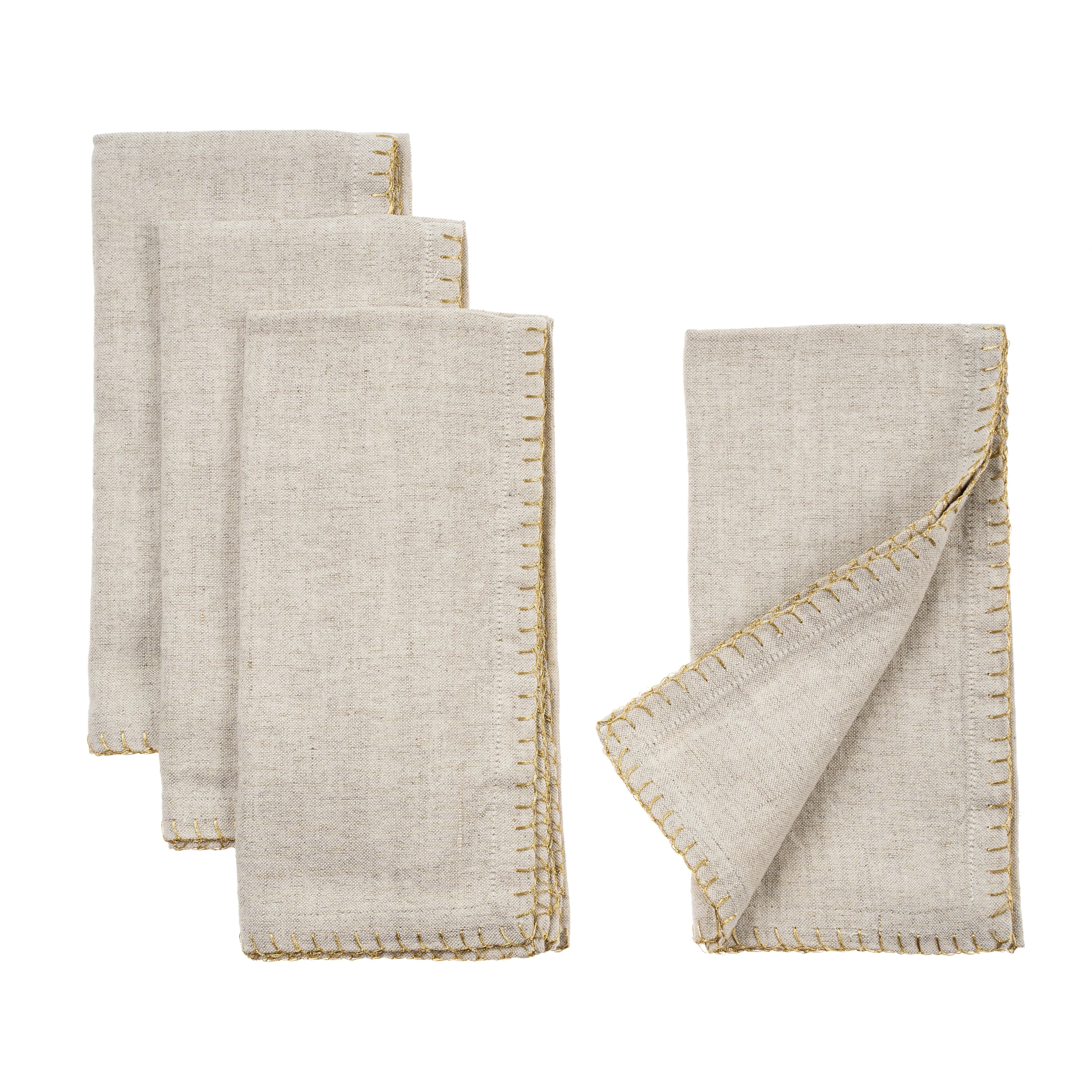 Gold Blanket Stitch Napkins S/4, Linen Grey - Image 1
