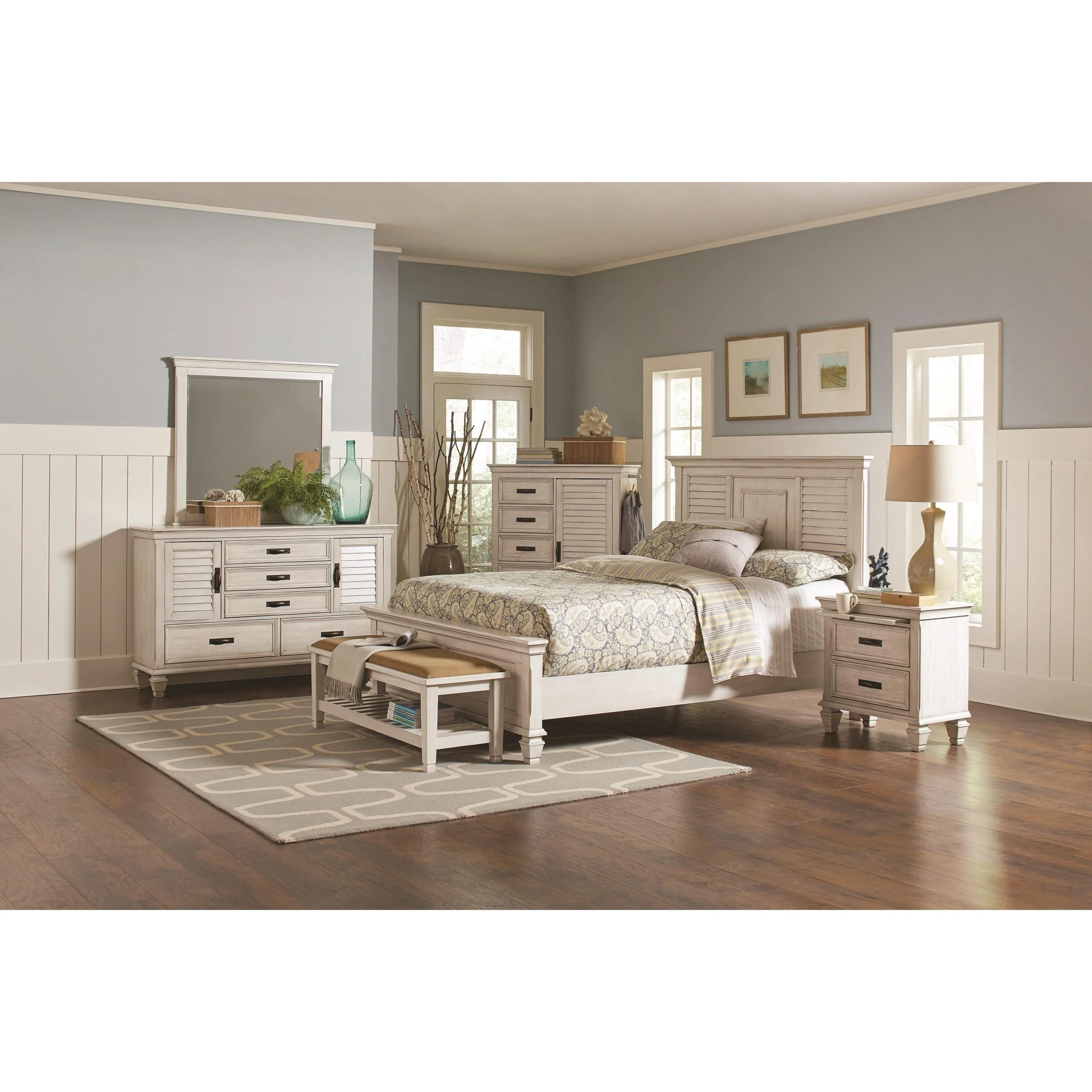 Coaster Furniture Franco 205337 Fabric Upholstered Bench with Shelf - Distressed White - Image 2