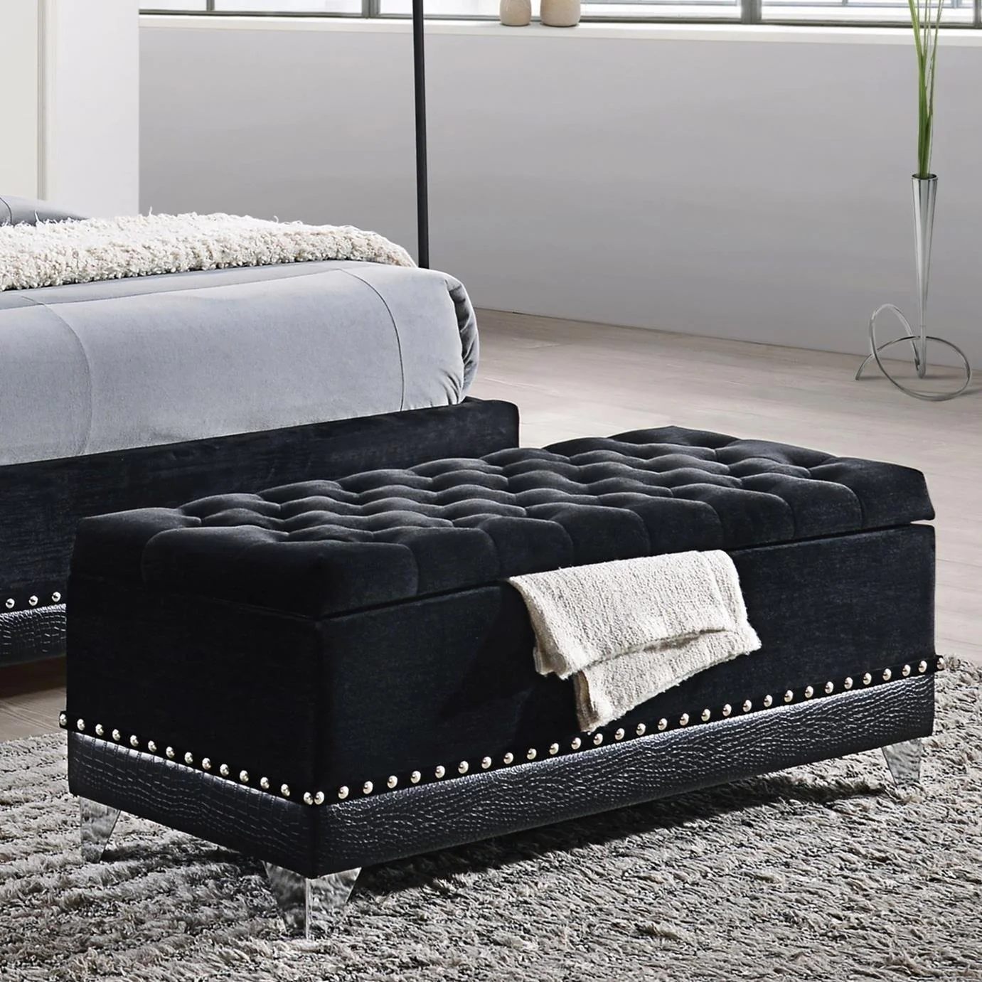 Coaster Furniture Barzini 300644 Velvet Upholstered Tufted Storage Bench – Black