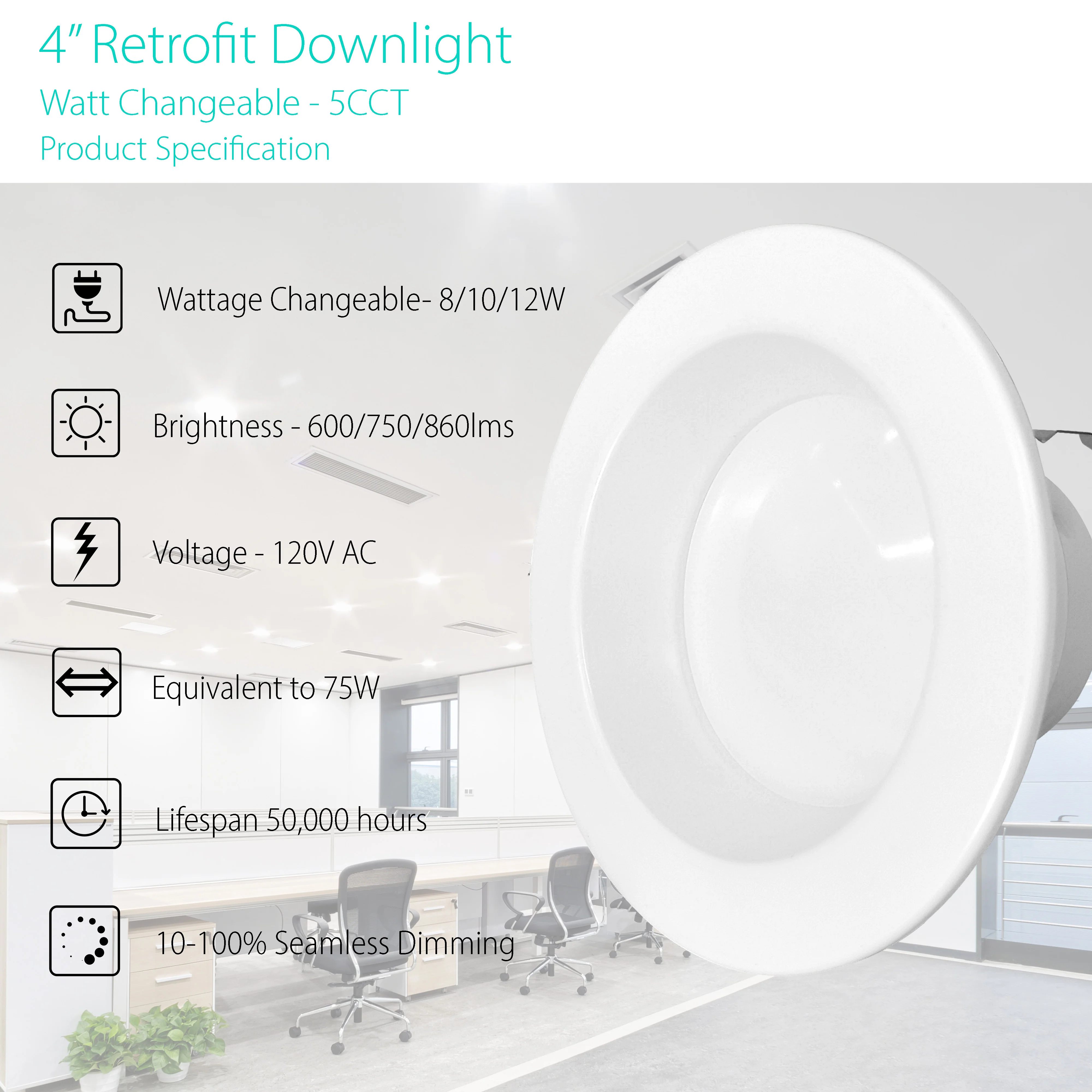 3BRIX 4" Watt & Color Selectable 8/10/12W Retrofit Recessed Downlight - 5CCT-25/30/35/40/50K #252 - Image 2