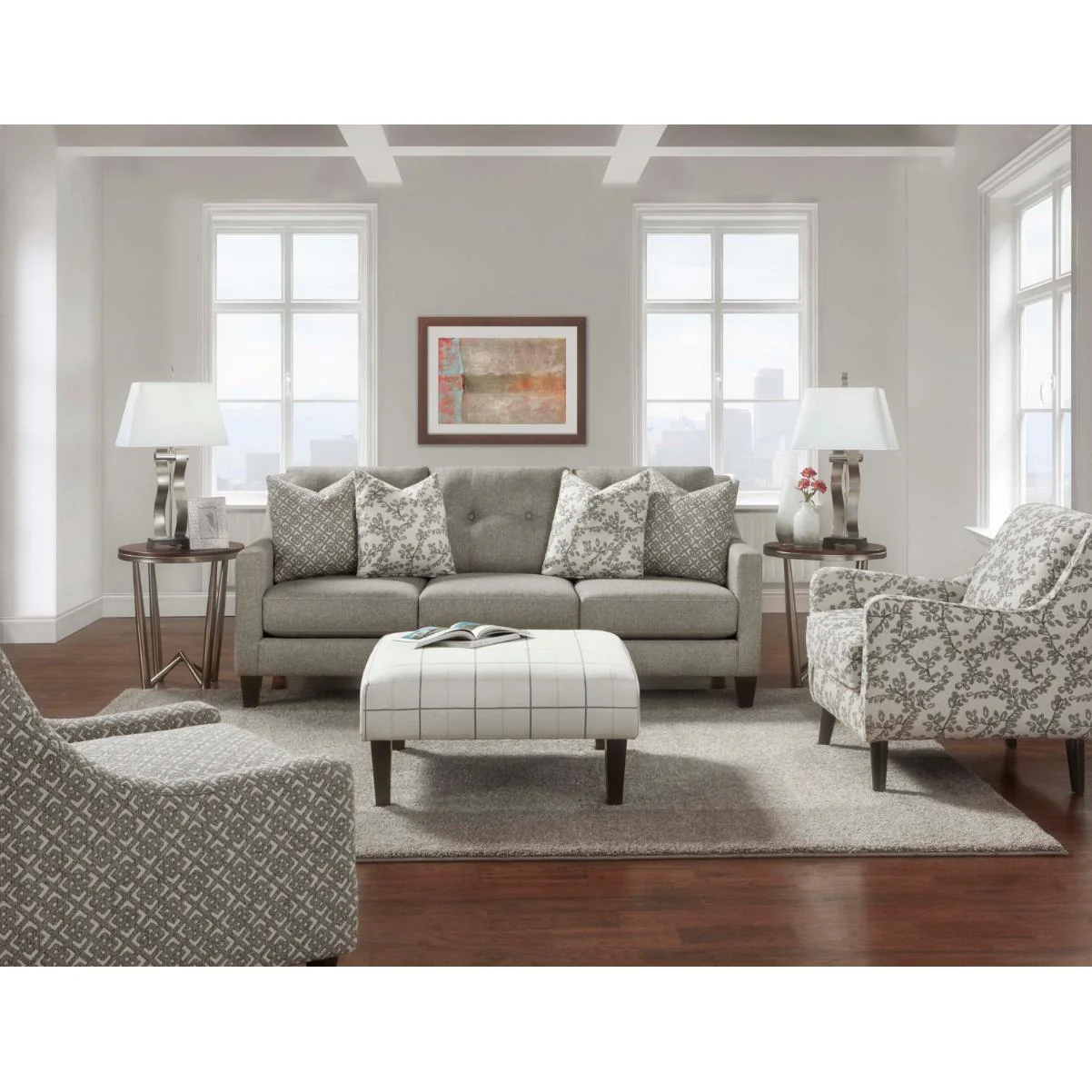 Fusion Furniture Fabric Ottoman 159WINDOWPANE CHALK - Image 2