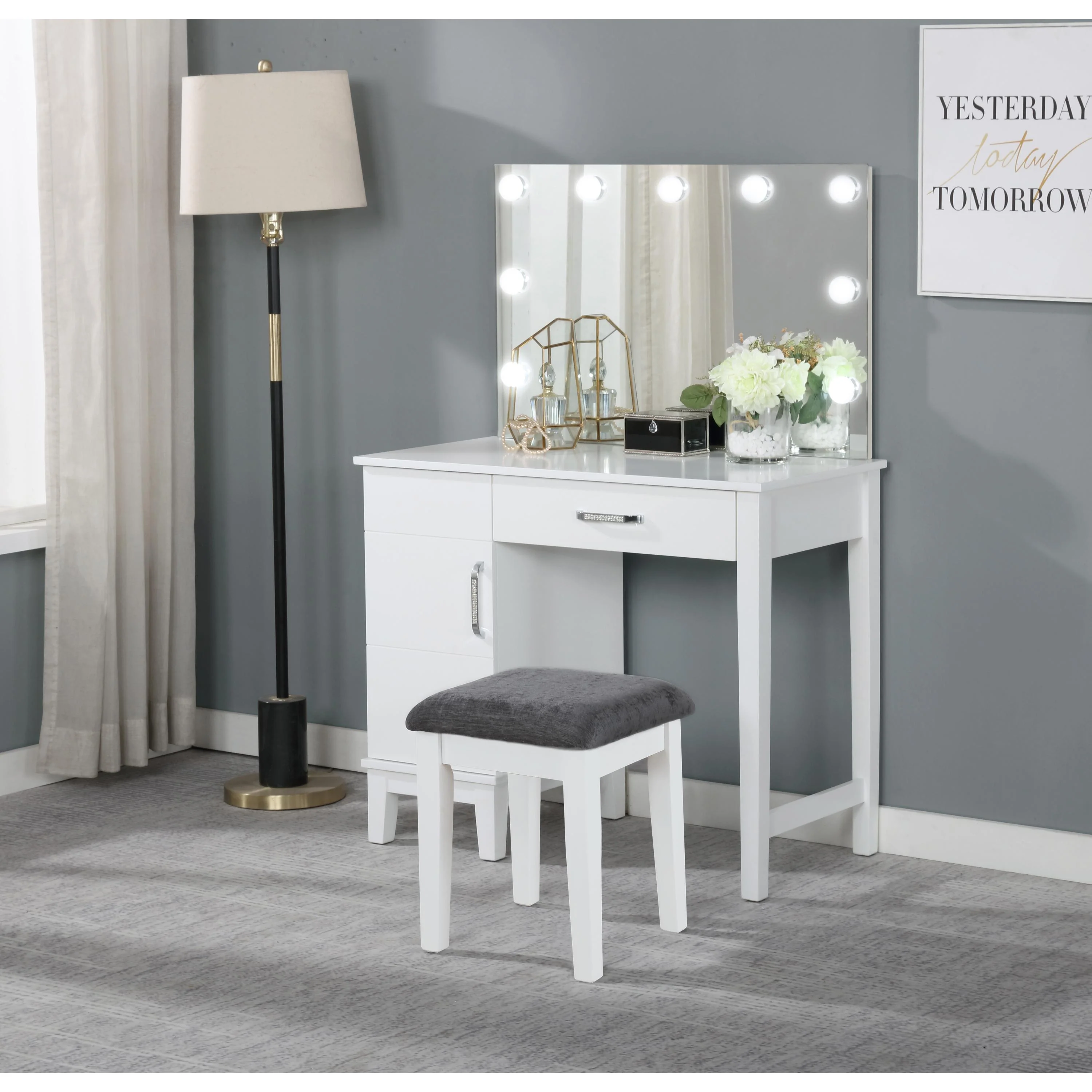 Coaster Furniture Elijah 931149 Vanity Set with Lighting & Stool - White and Dark Grey - Image 1