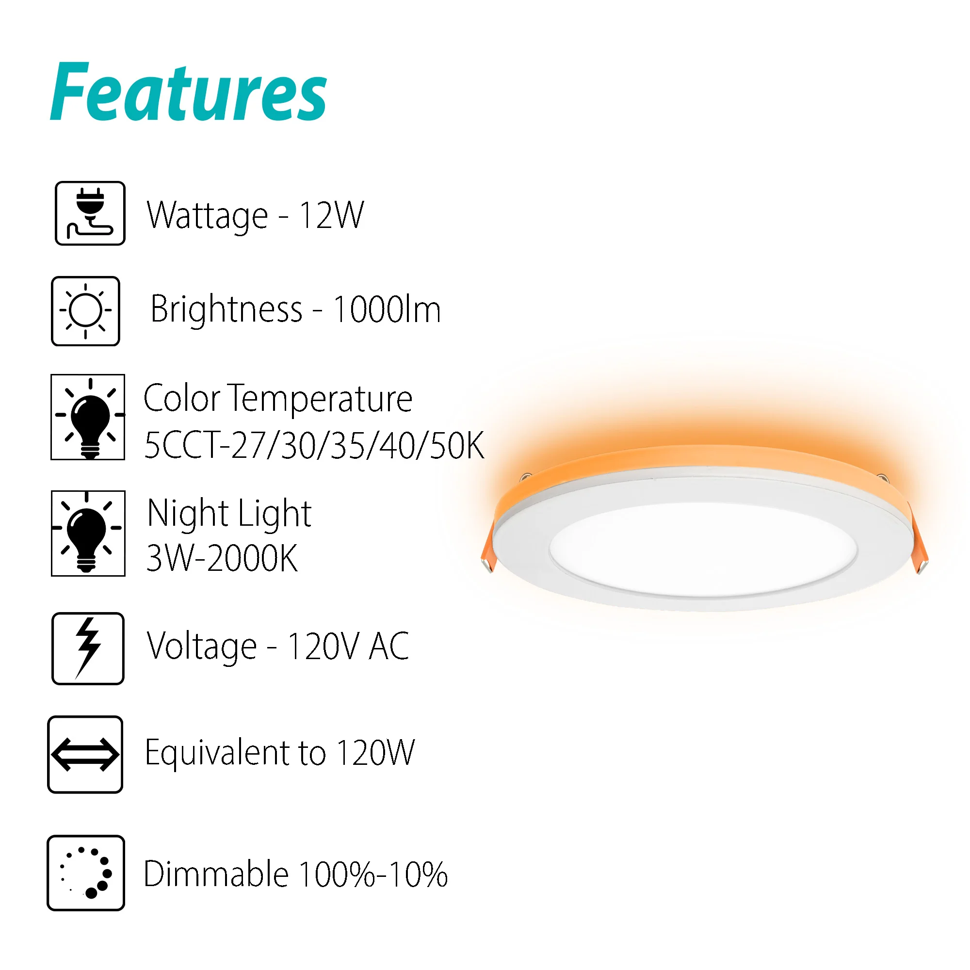 3BRIX 6 Inch 12W Slim Round Ultra-Thin Recessed Downlight with Night Light- 5CCT (27/30/35/40/50K)- 1000 lumens #261 - Image 3