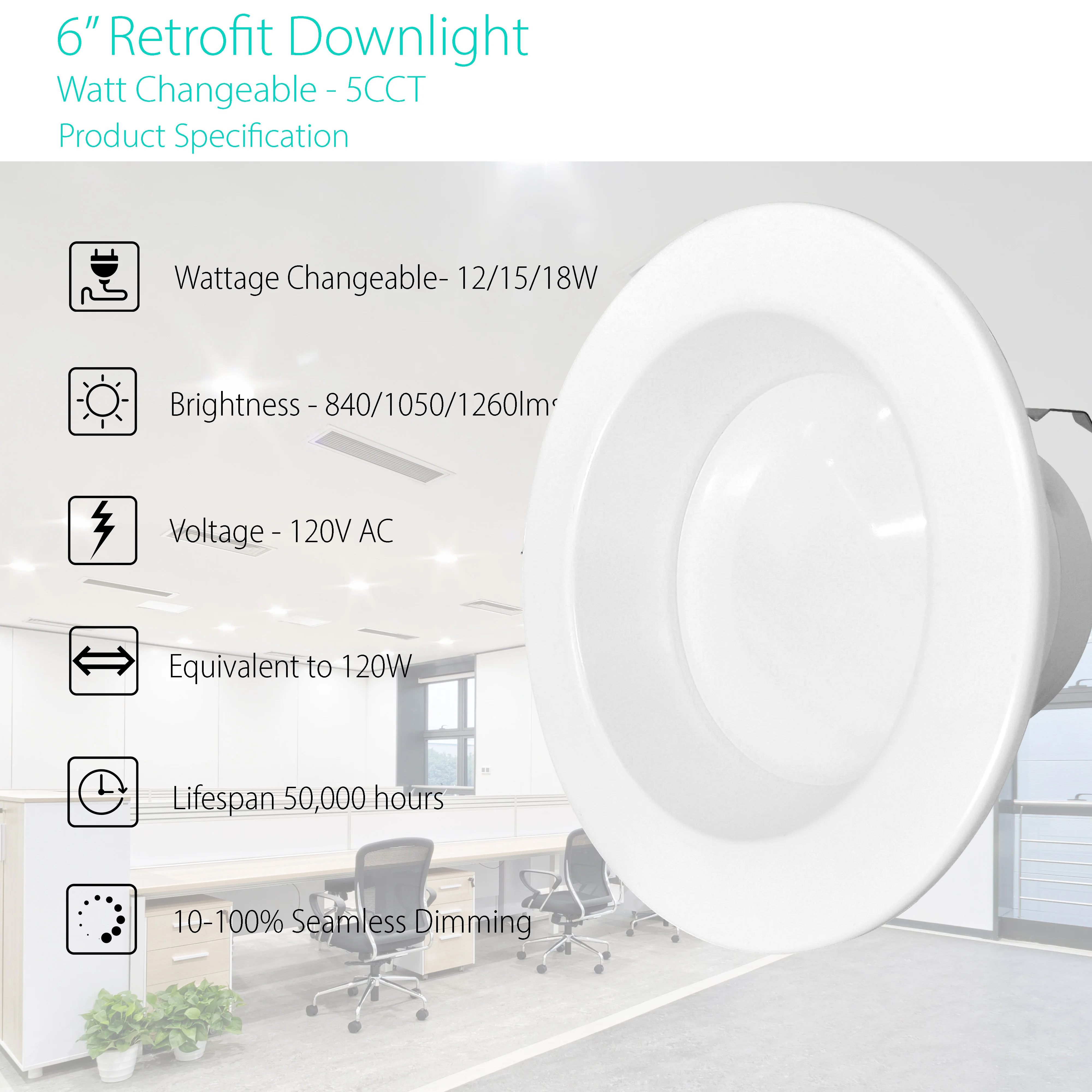 3BRIX 6" Watt & Color Selectable 12/15/18W Retrofit Recessed Downlight - 5CCT-25/30/35/40/50K #257 - Image 2