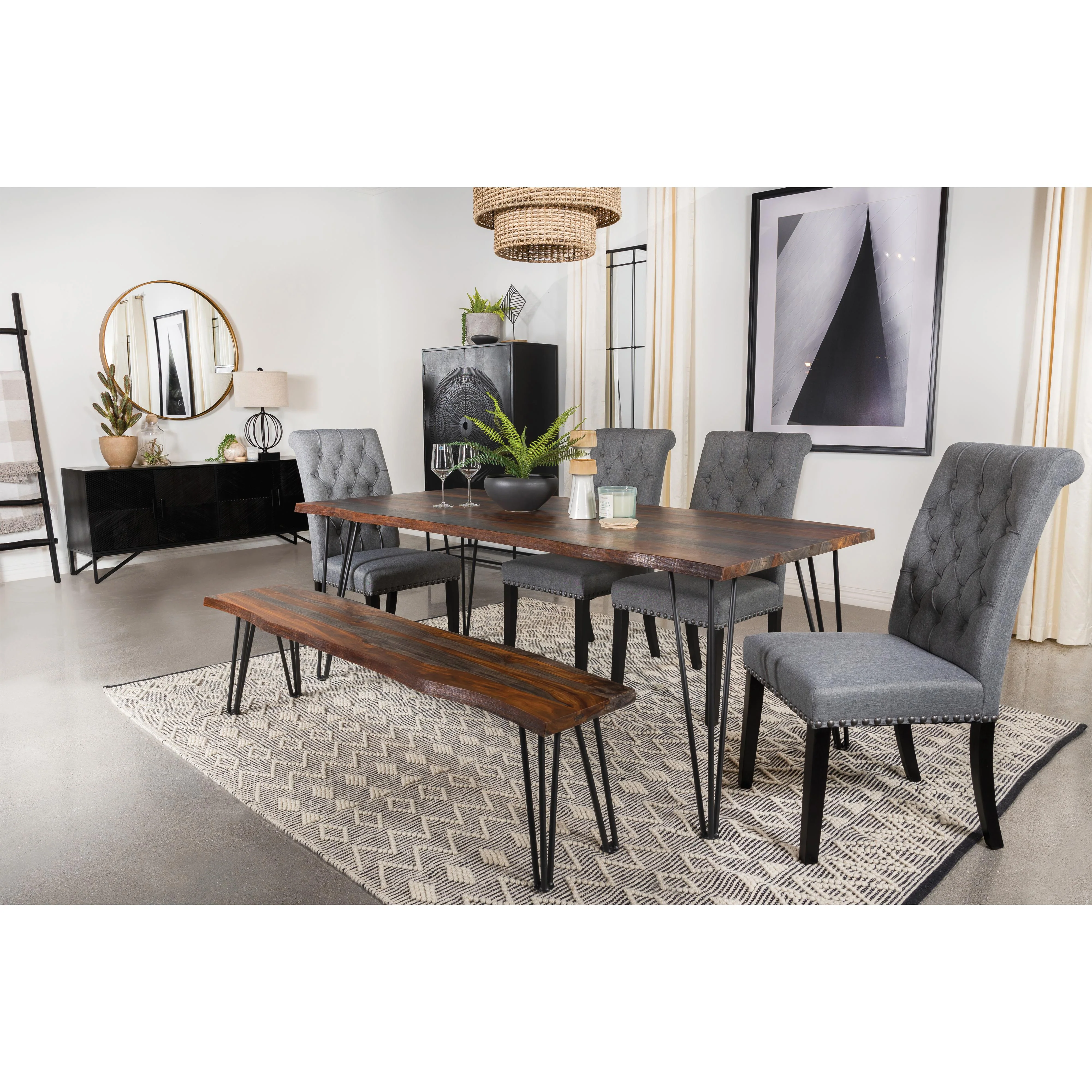 Coaster Furniture Neve 193863 Live Edge Wood Dining Bench Hairpin Legs - Grey Sheesham - Image 2