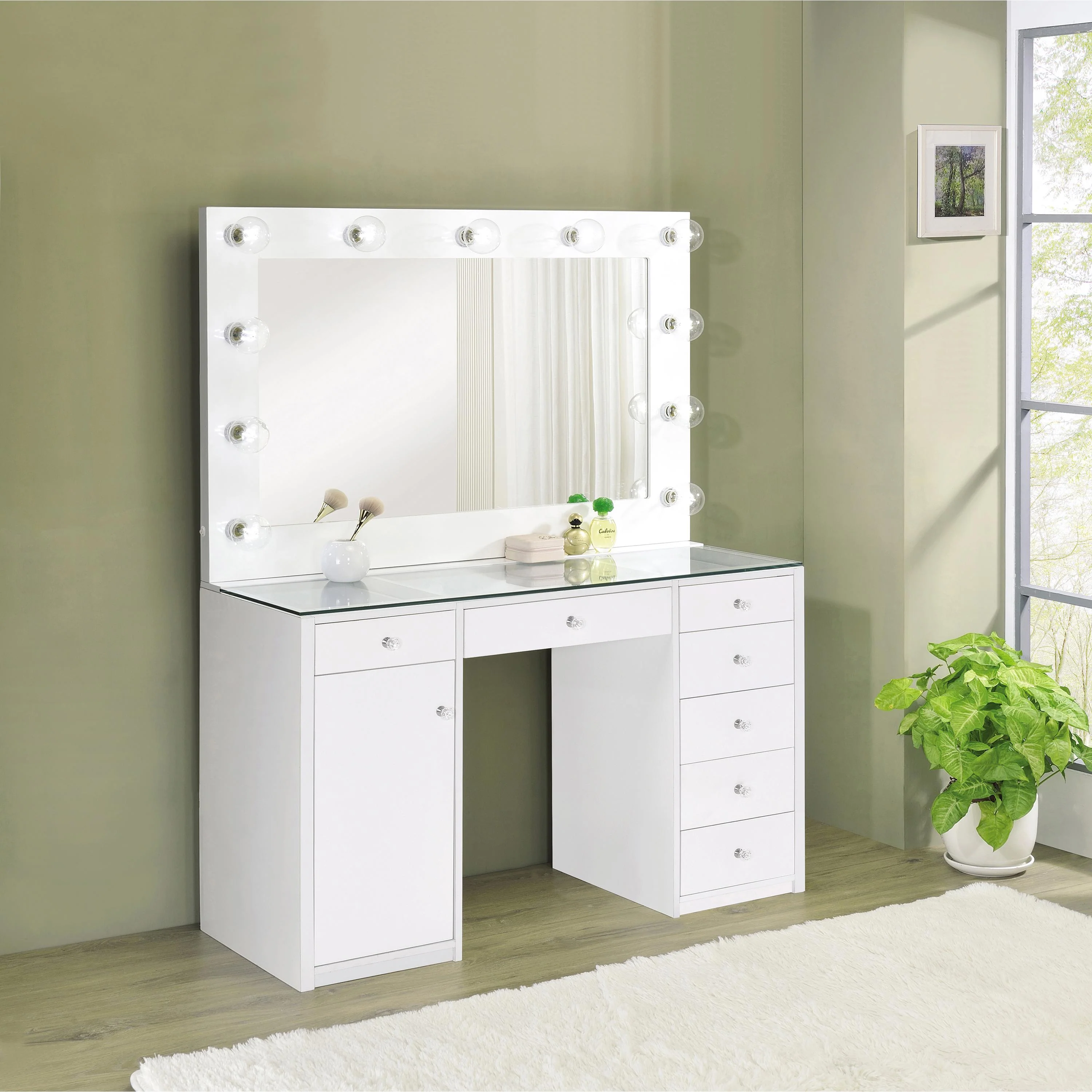 Coaster Furniture Acena 931143 7-Drawer Vanity Set with Lighting - White High Gloss - Image 2