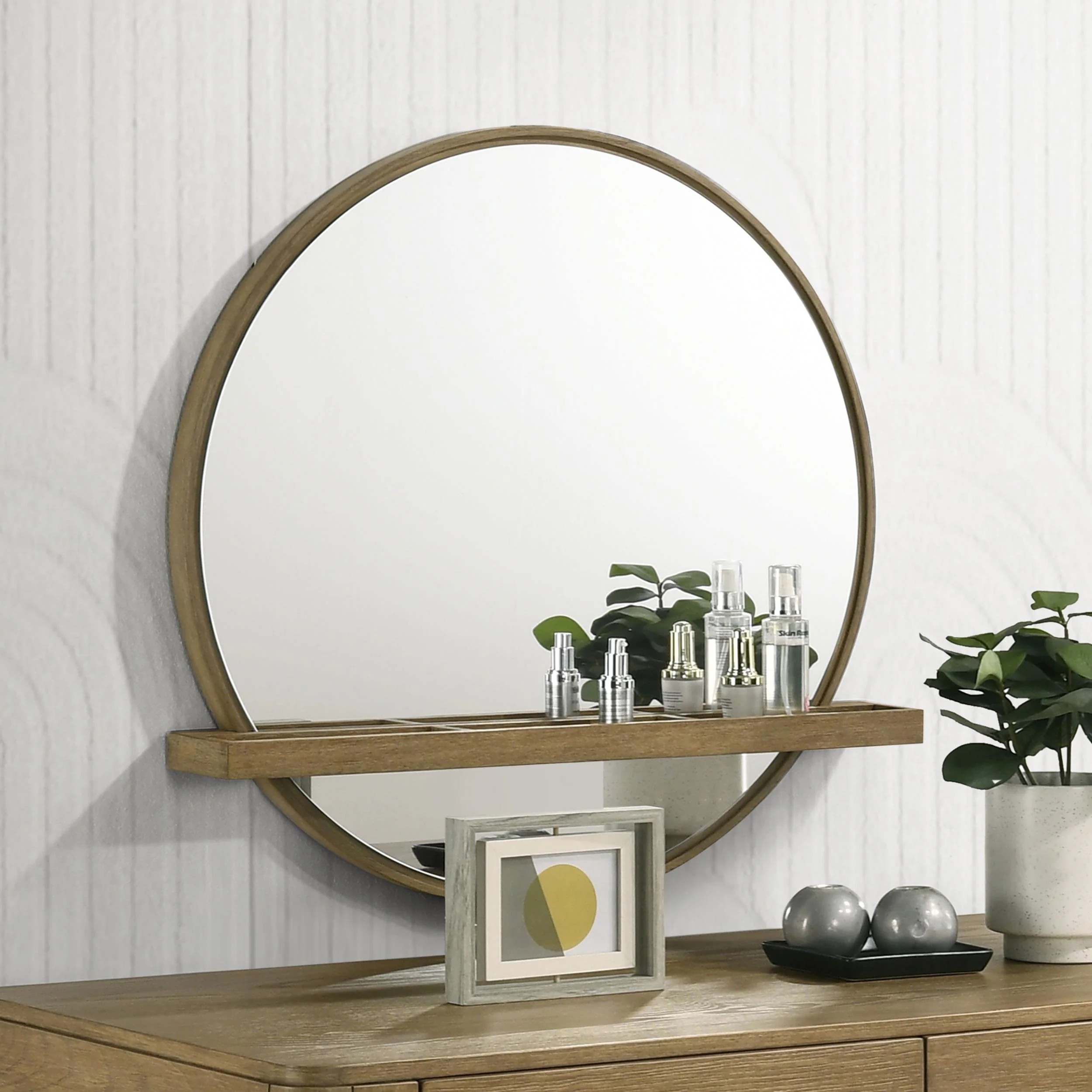 Coaster Furniture Arini 224308 Round Vanity Wall Mirror with Shelf - Sand Wash - Image 3
