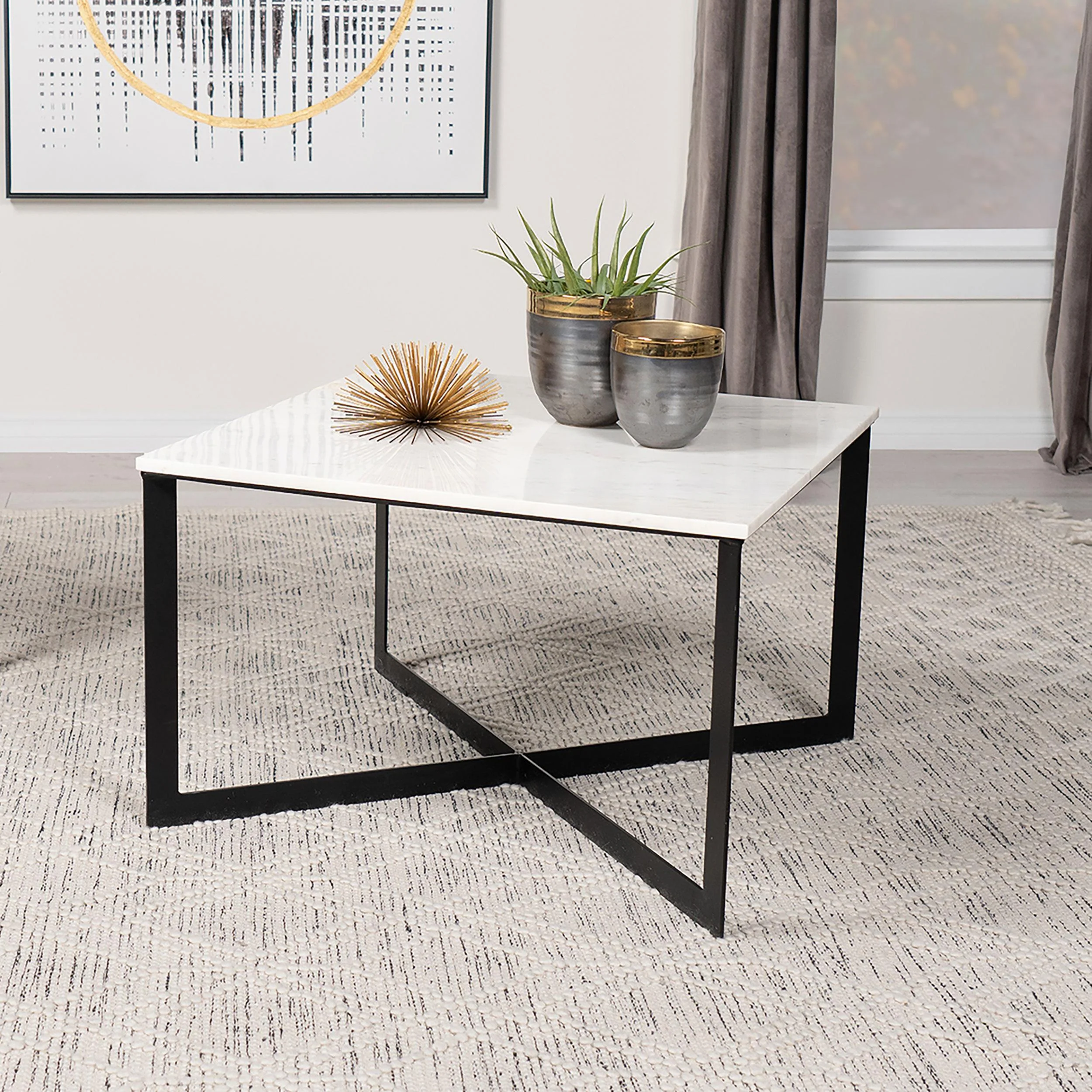 Coaster Furniture Tobin 707698 Square Marble Top Coffee Table - White and Black - Image 2