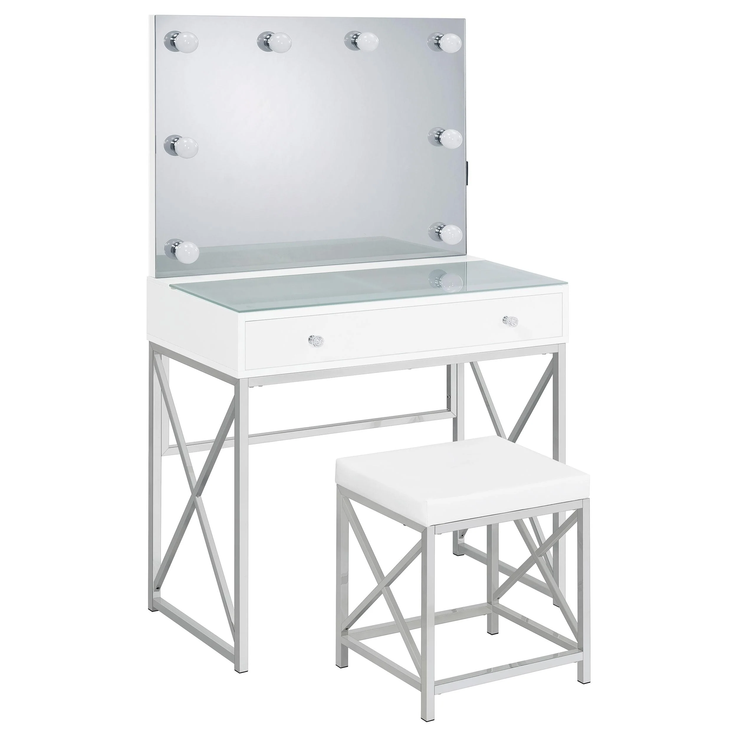 Coaster Furniture Eliza 936164 Vanity Set with Lighting & Stool - White and Chrome - Image 1
