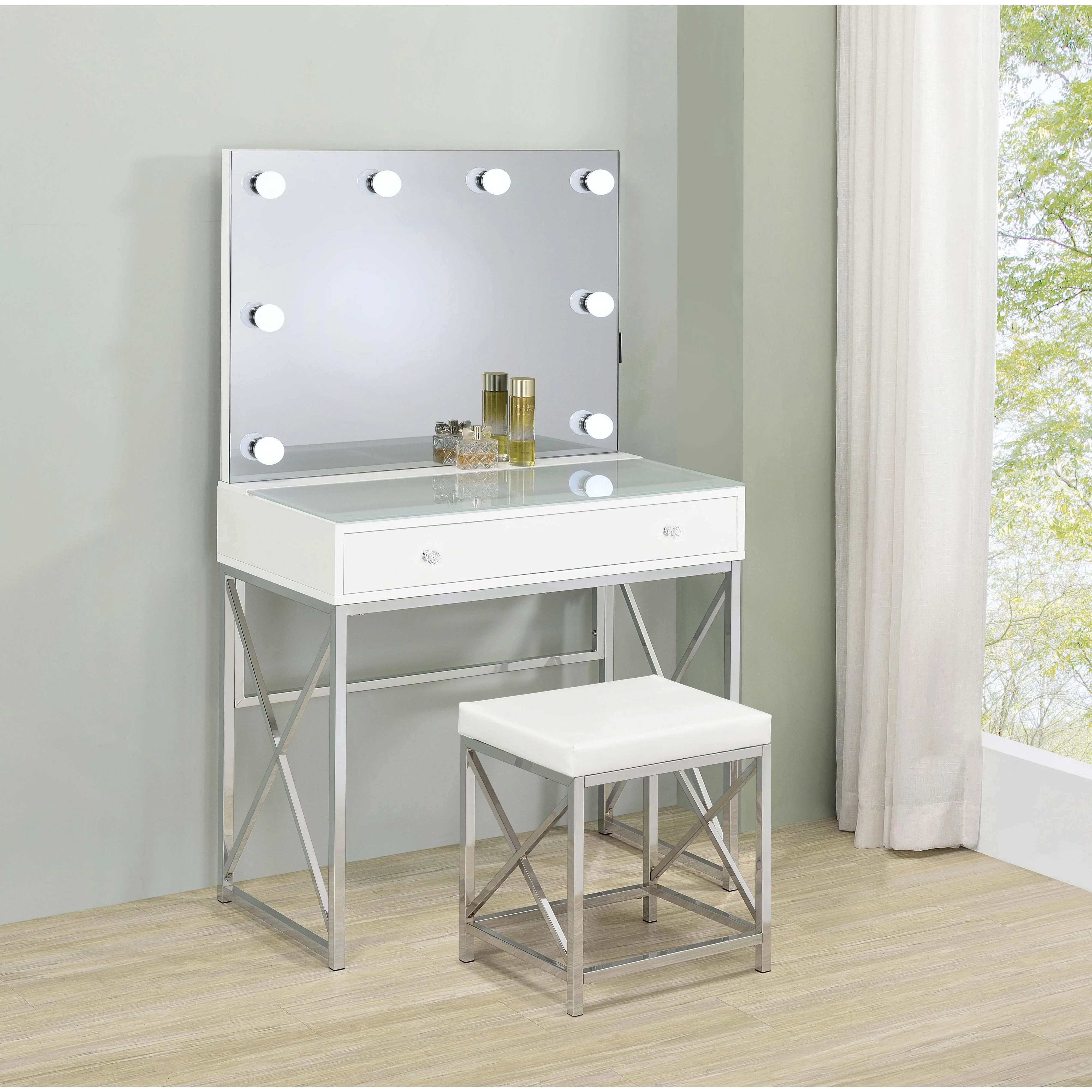 Coaster Furniture Eliza 936164 Vanity Set with Lighting & Stool - White and Chrome - Image 3
