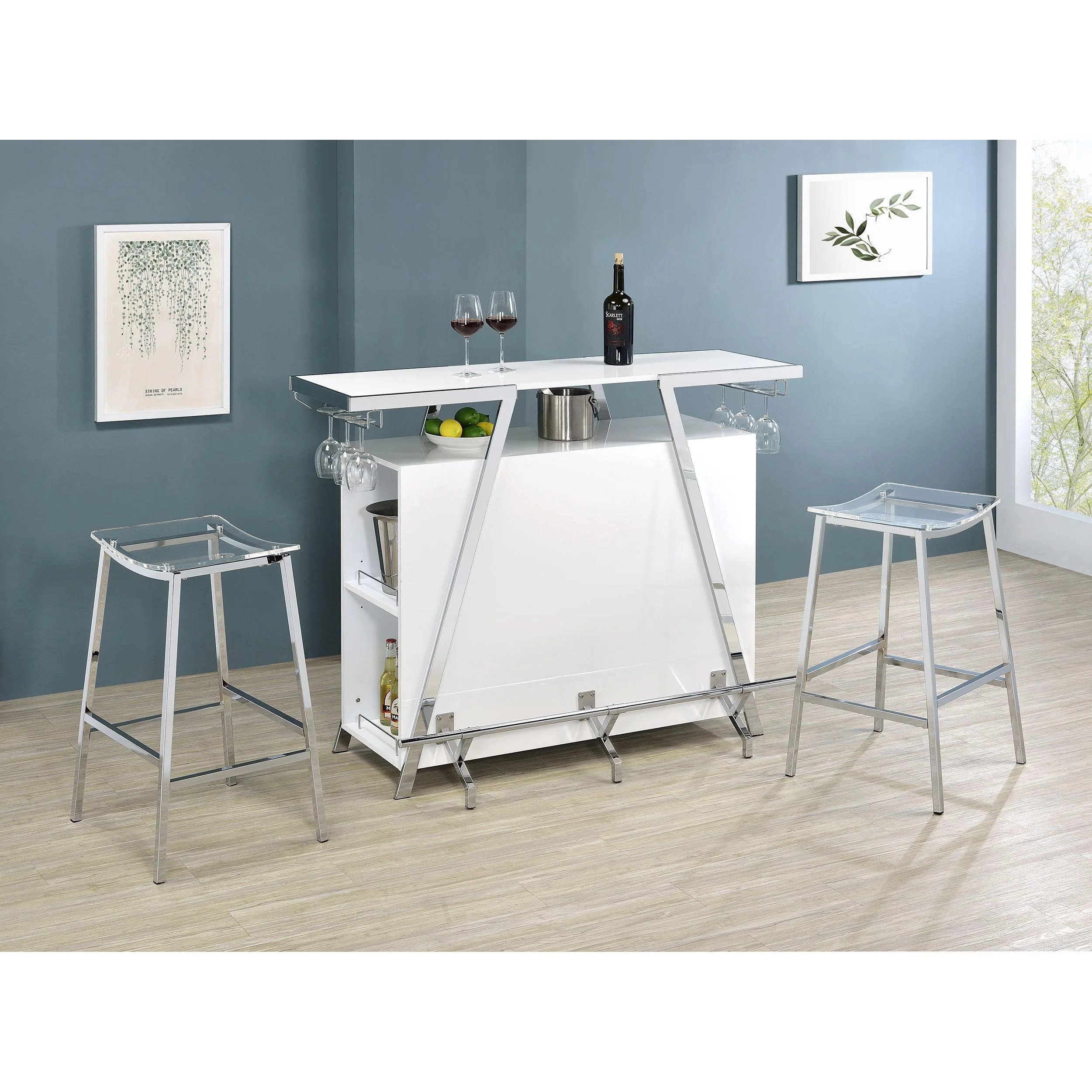 Coaster Furniture Araceli Home Bar Wine Cabinet with 2 Stool – White High Gloss/Chrome