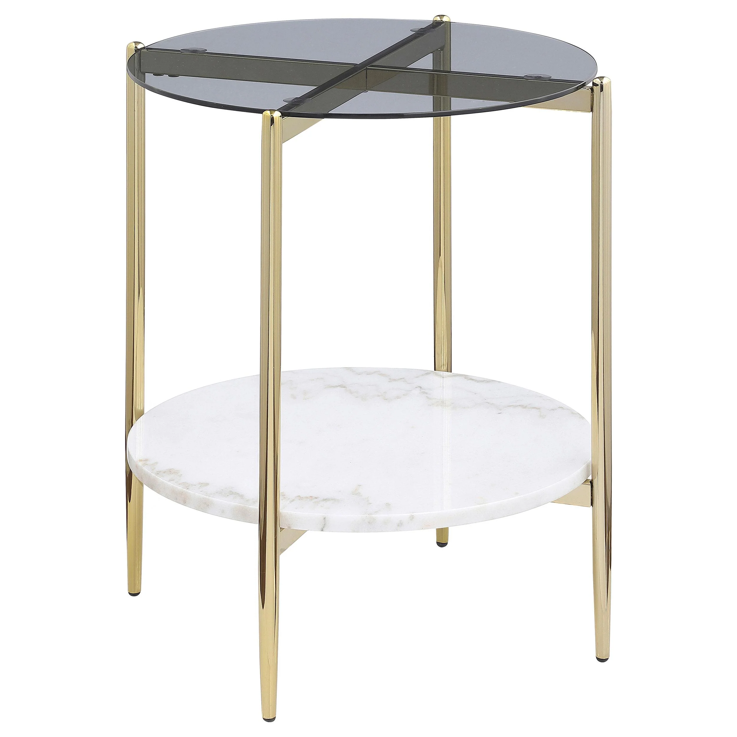 Coaster Furniture Jonelle 710337 Round Glass Top End Table – White Marble Shelf Gold