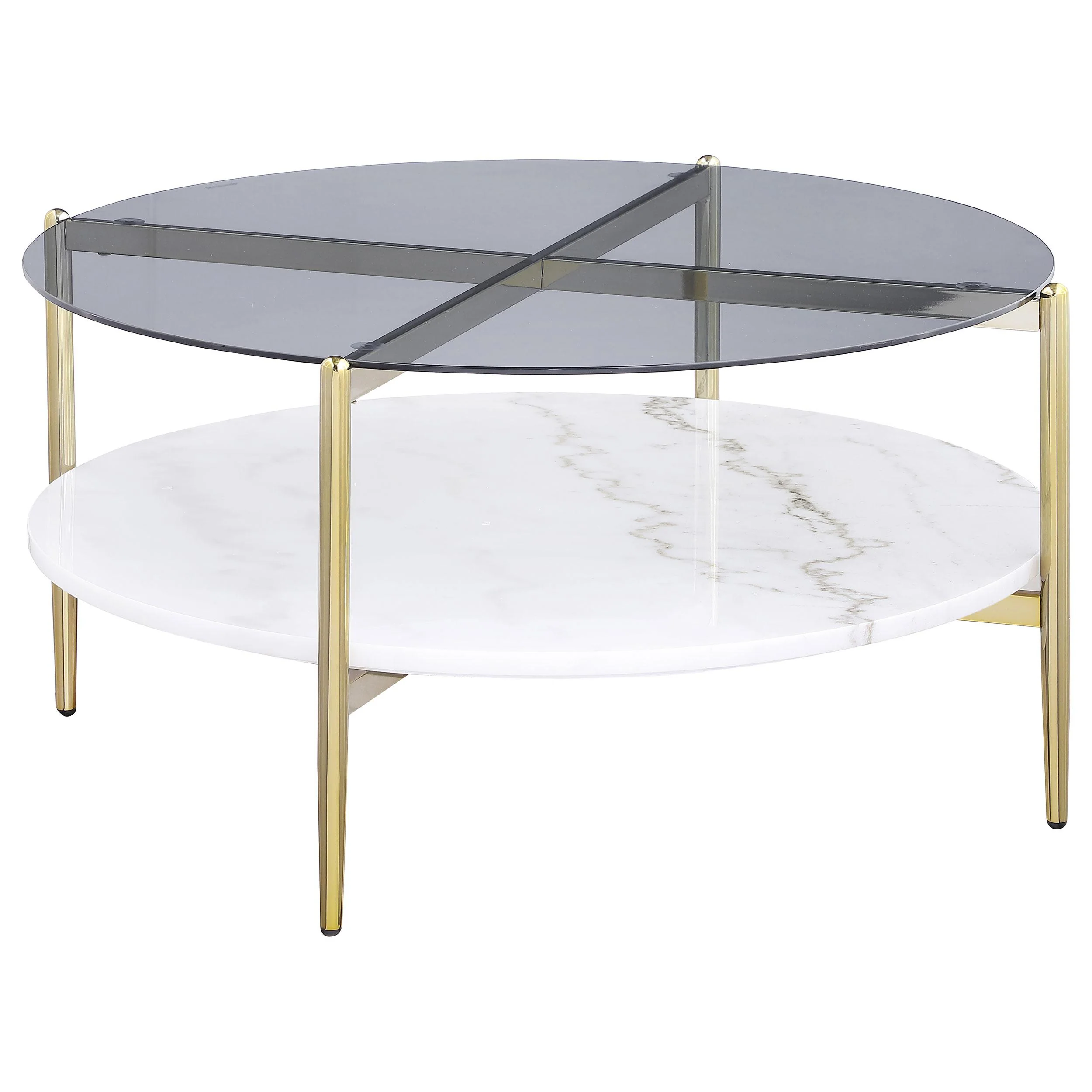 Coaster Furniture Jonelle 710338 Round Glass Top Coffee Table – White Marble Shelf Gold