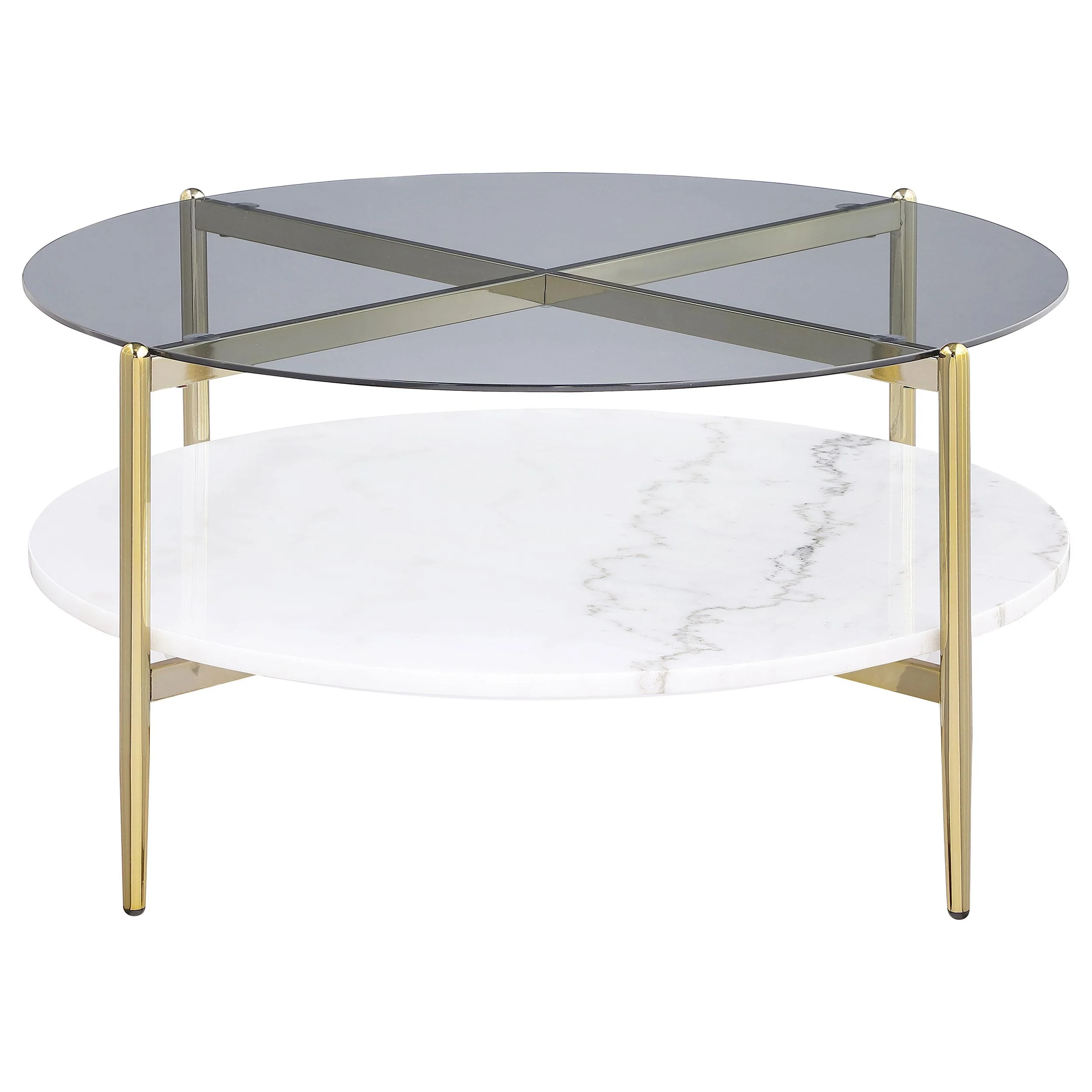 Coaster Furniture Jonelle 710338 Round Glass Top Coffee Table - White Marble Shelf Gold - Image 3