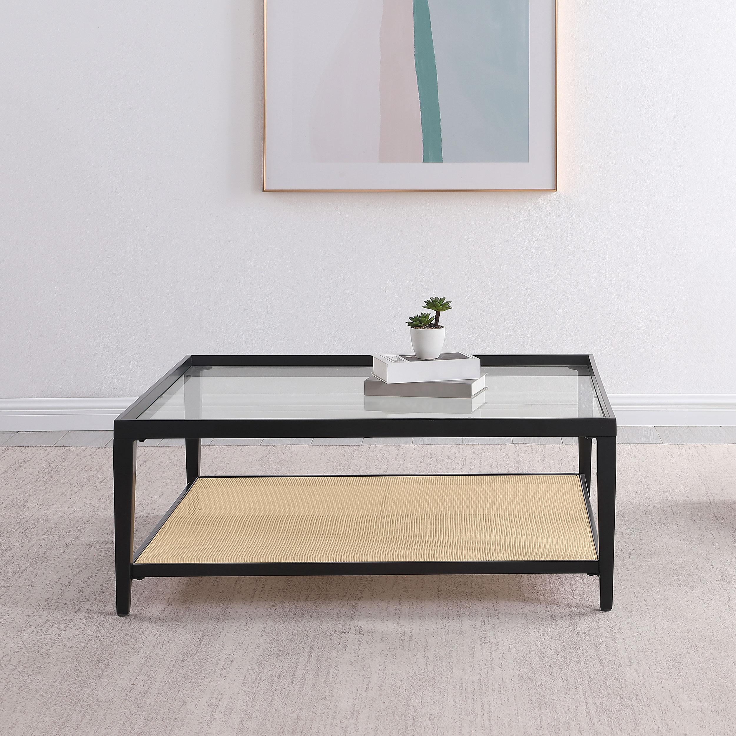 Coaster Furniture Amherst 710658 Glass Top Metal with Cane Shelf Coffee Table - Black - Image 2