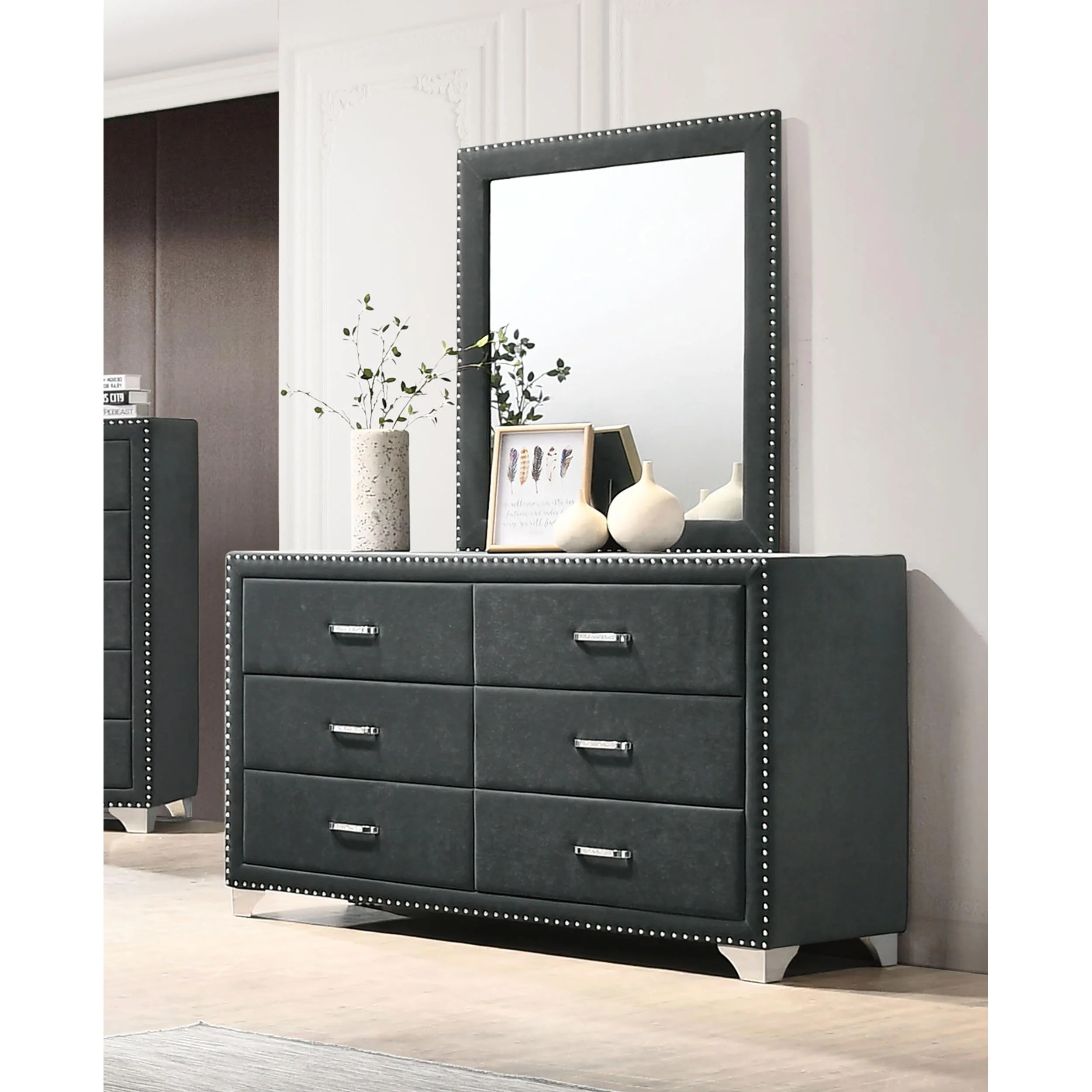 Coaster Furniture Melody 223383M 6-Drawer Upholstered Dresser with Mirror - Grey - Image 2