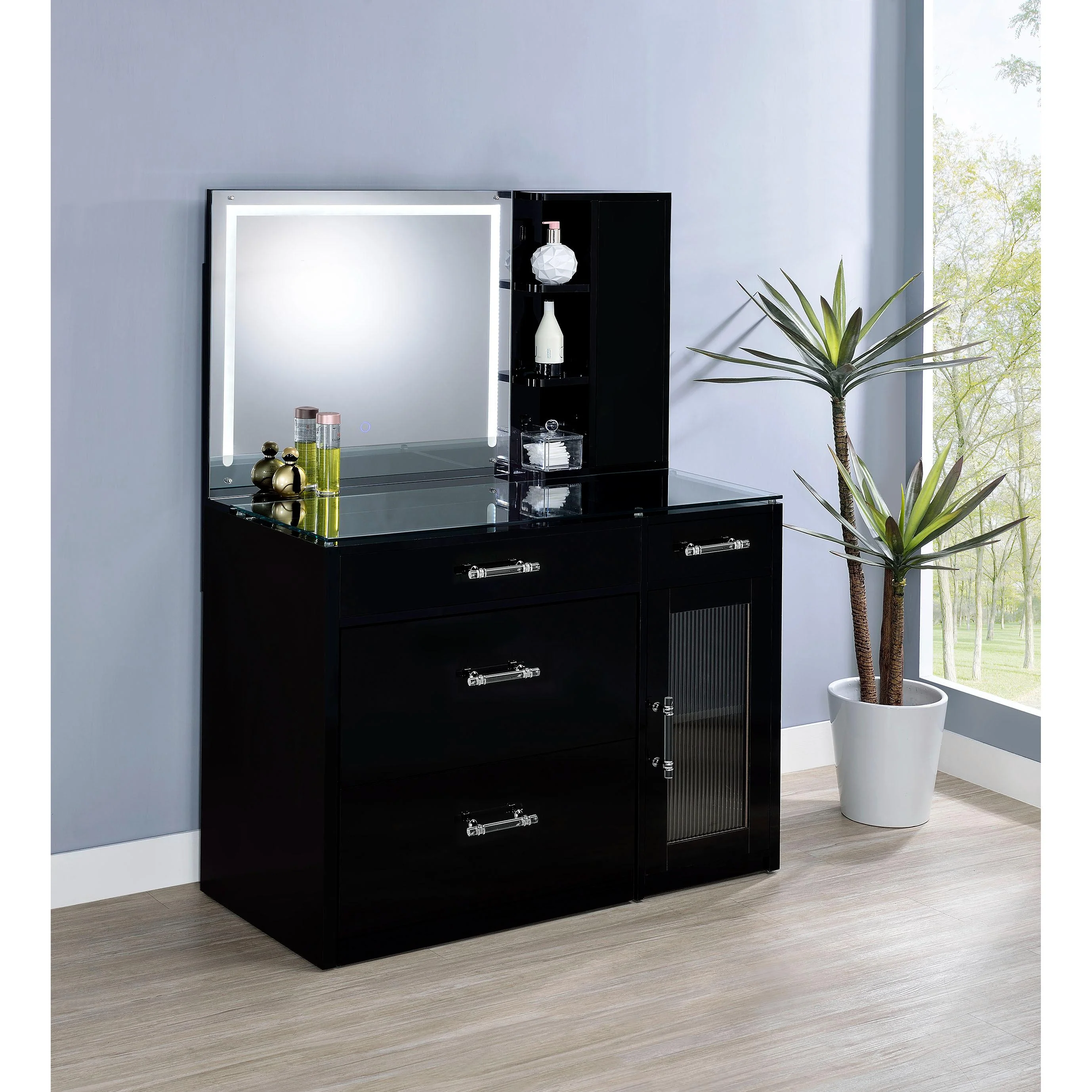 Coaster Furniture Flora 930219 2-drawer Vanity Set with LED Mirror - Black High Gloss - Image 2