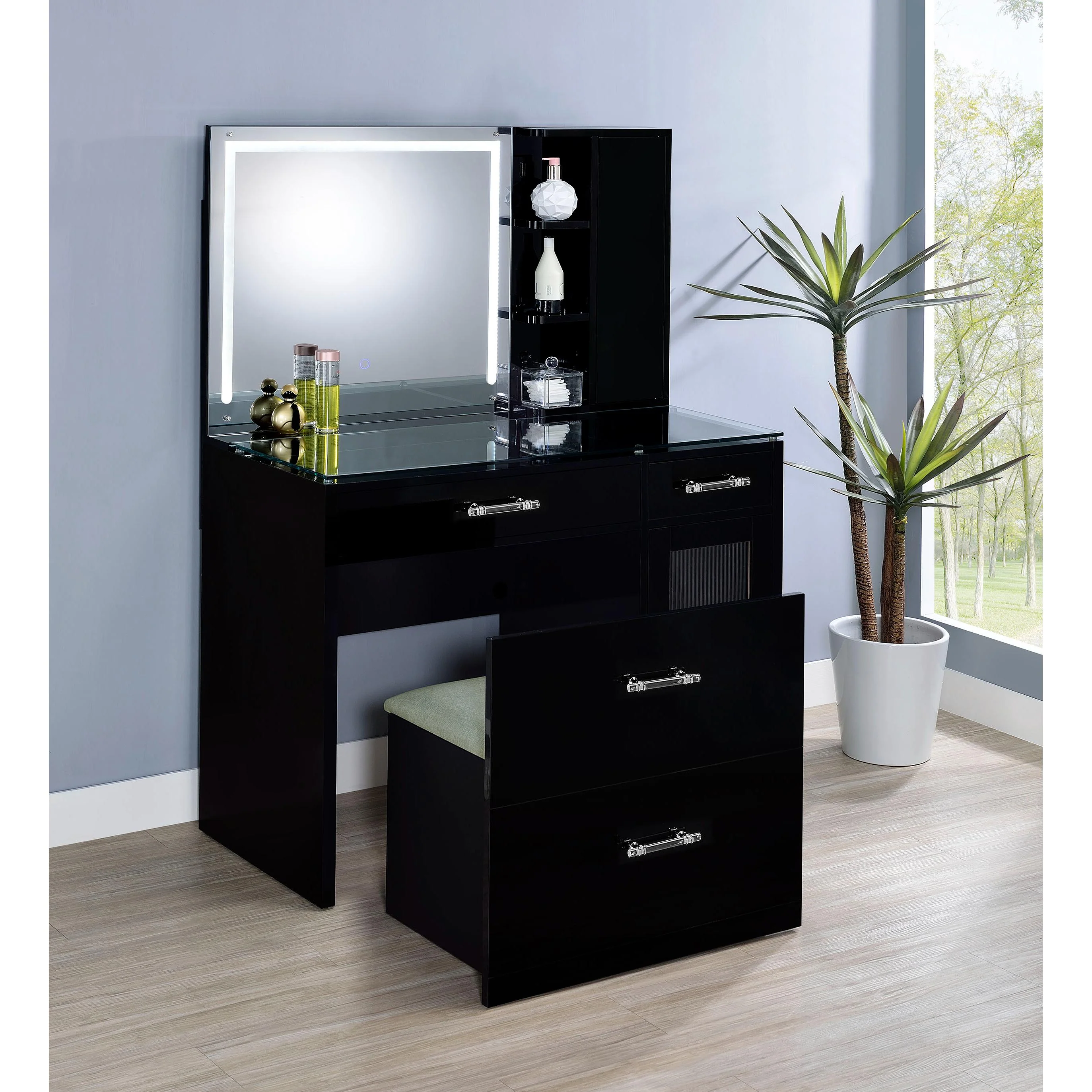 Coaster Furniture Flora 930219 2-drawer Vanity Set with LED Mirror - Black High Gloss - Image 3