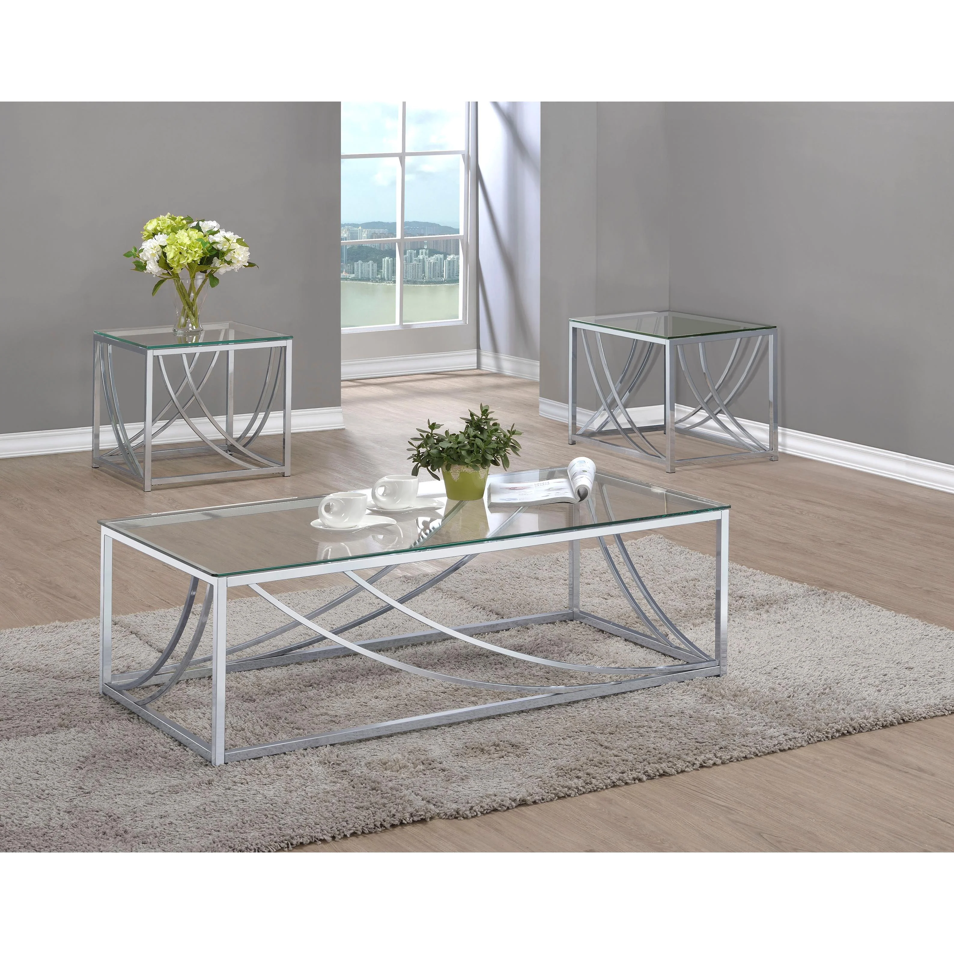 Coaster Furniture Lille 720498-S3 3-piece Glass Top Coffee And End Table Set – Chrome