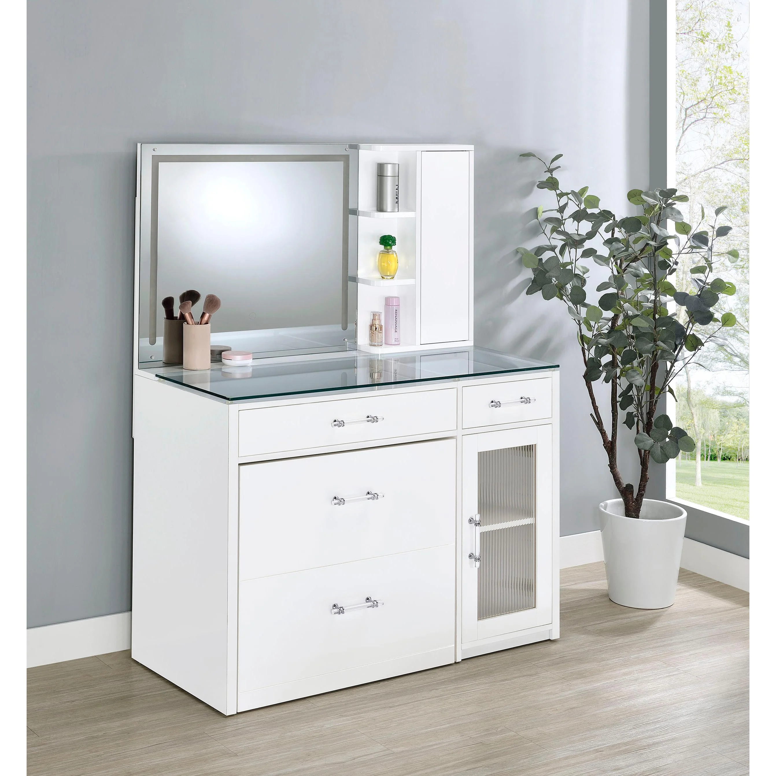 Coaster Furniture Flora 930218 2-drawer Vanity Set with LED Mirror - White High Gloss - Image 2