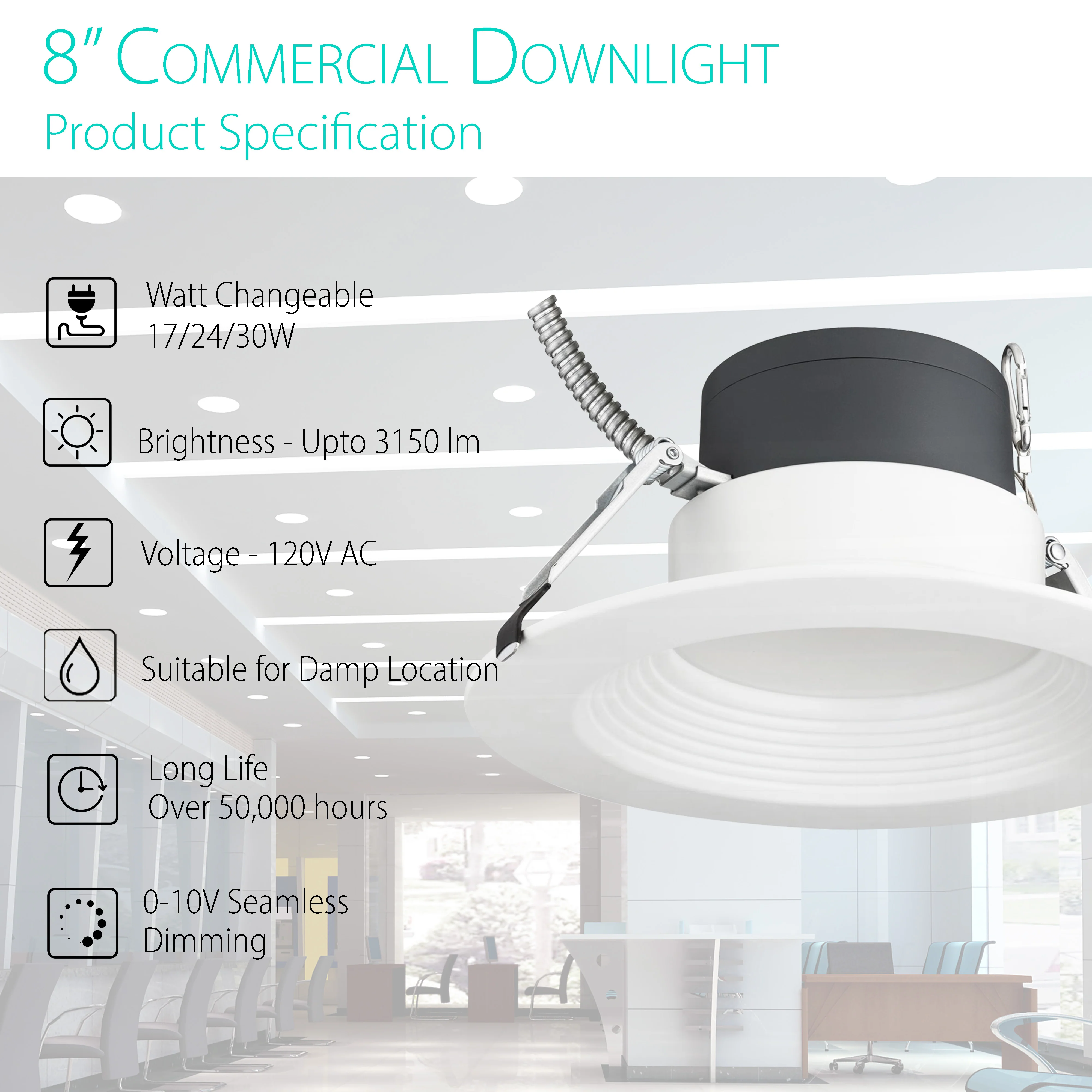 3BRIX 8" Commercial Downlight Selectable Watt 17/24/30W Selectable CCT- 5CCT(27/30/35/40/50K) - Emergency Driver - ETL #266 - Image 2