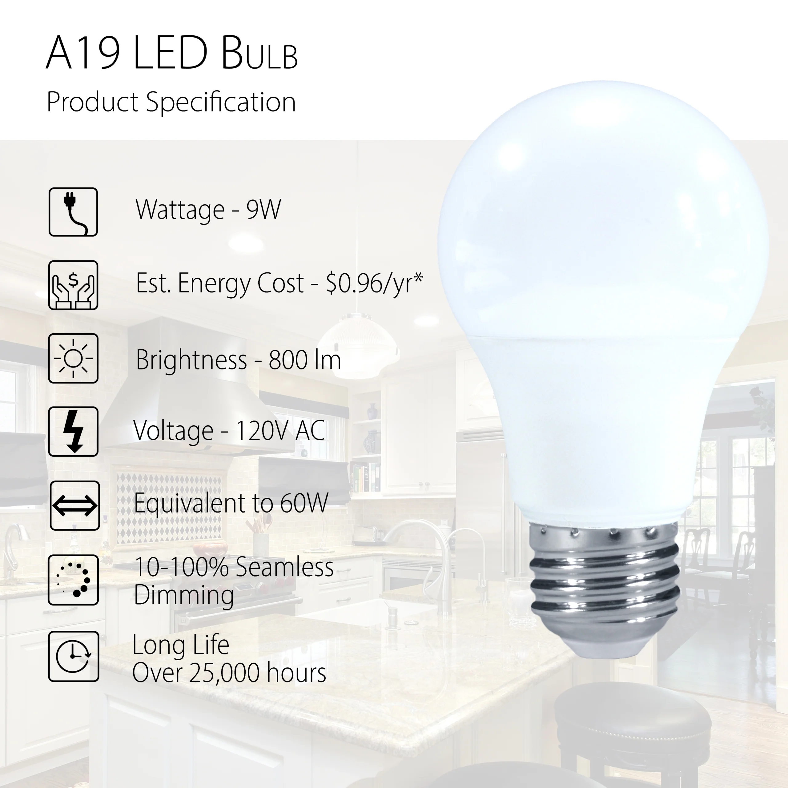 A19 9W LED Bulb - 800 Lumens - 60W Equivalent Dimmable - Image 2
