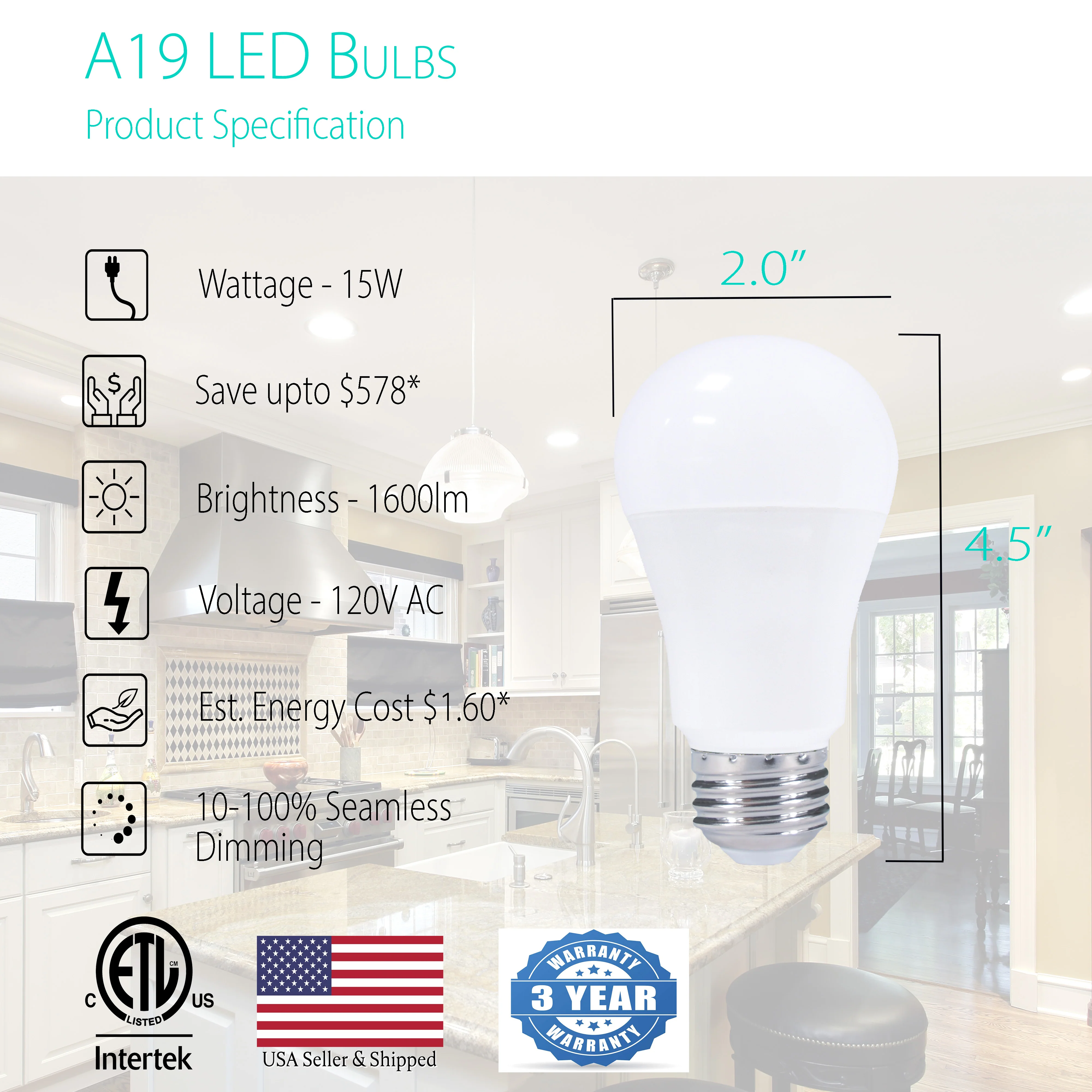 A19 15W LED Bulb - 1600 Lumens - 100W Equivalent Dimmable - Image 2