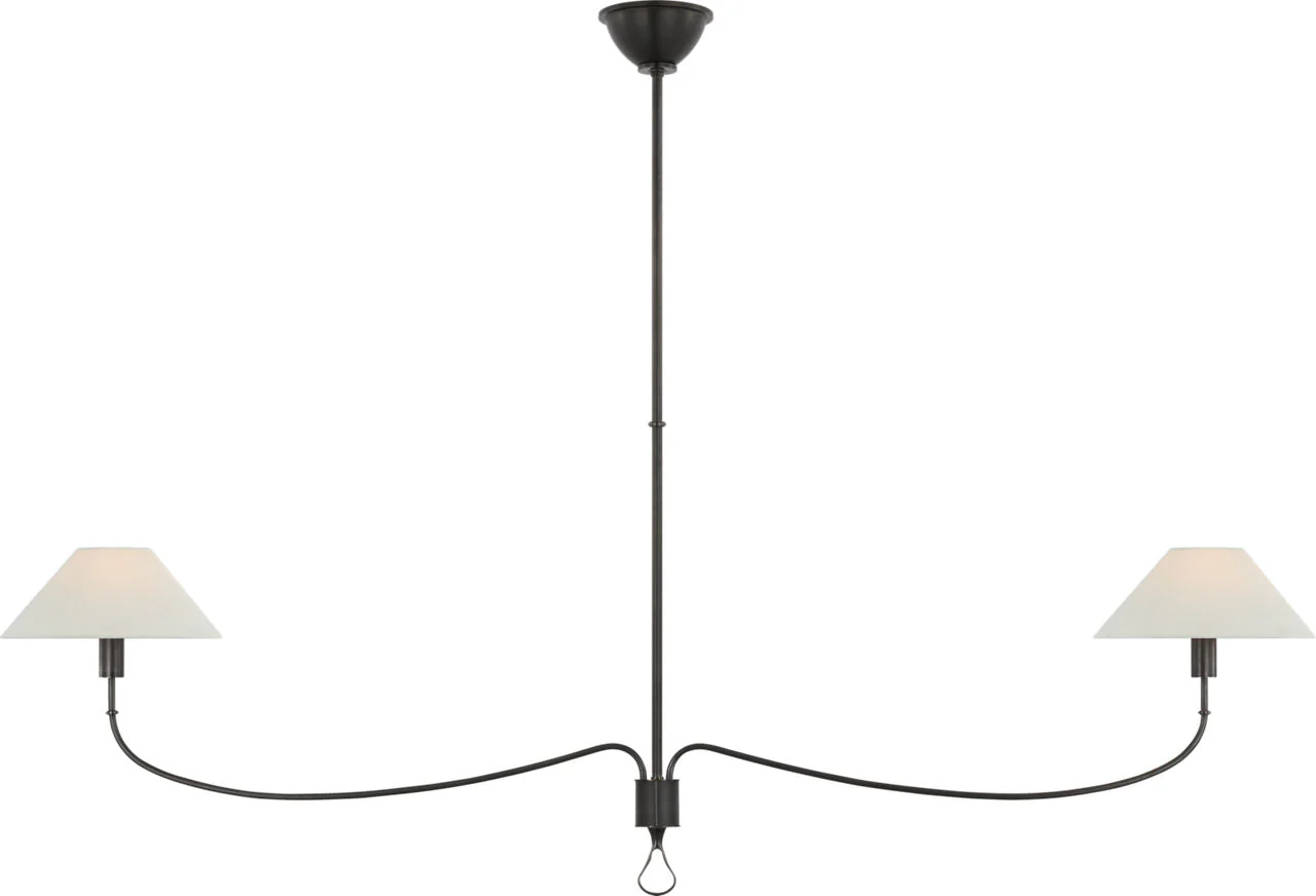 Griffin Grande Linear Chandelier | Bronze and Chocolate Leather | Linen Shades