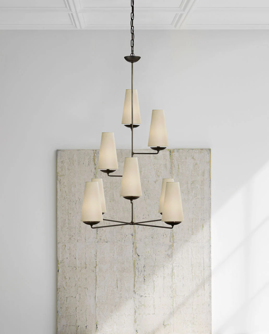 Fontaine Vertical Chandelier | Aged Iron | Linen Shades - Image 2