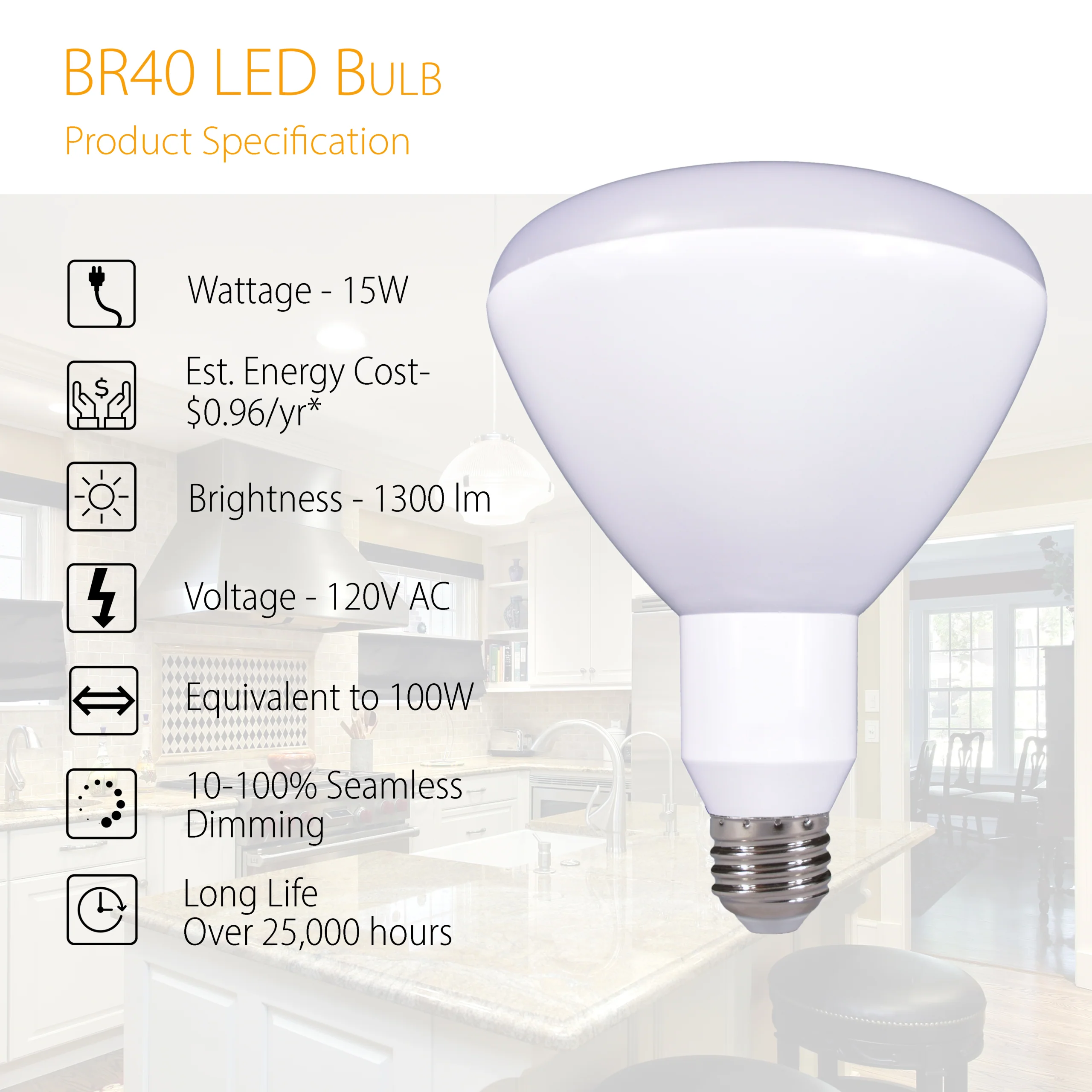 BR40 15W LED Dimmable Bulb - 1300 Lumens - 100W Equivalent - Indoor Flood Light Bulb - Image 2