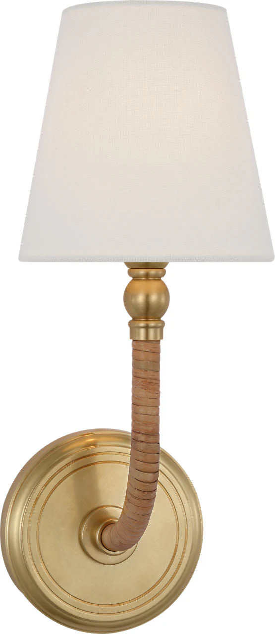 Basden Medium Sconce | Antique-Burnished Brass and Natural Rattan | Linen Shade - Image 1