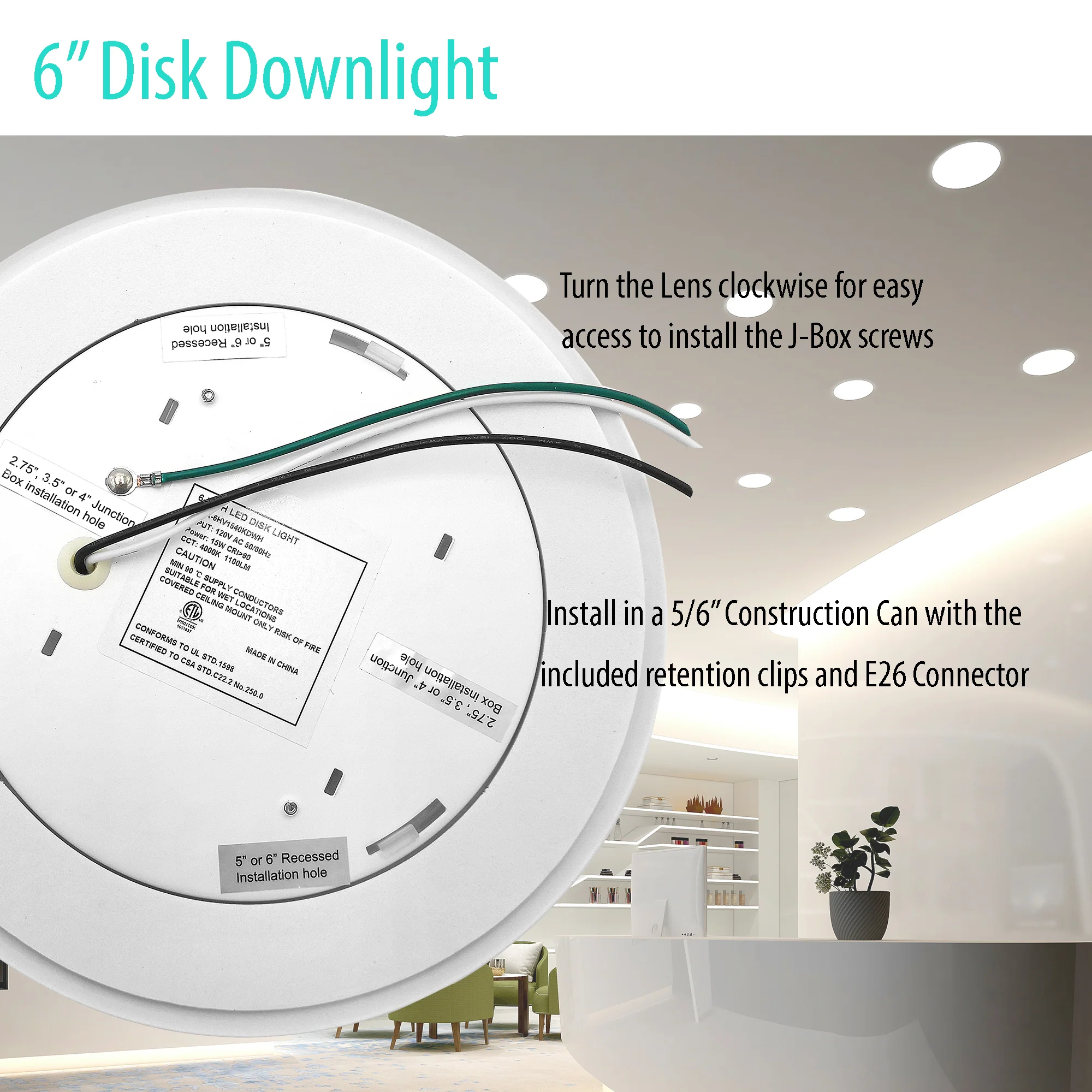 3BRIX 6" 15W Flush Mount Disk Downlight - 1100 lumens - ETL Listed - Image 3